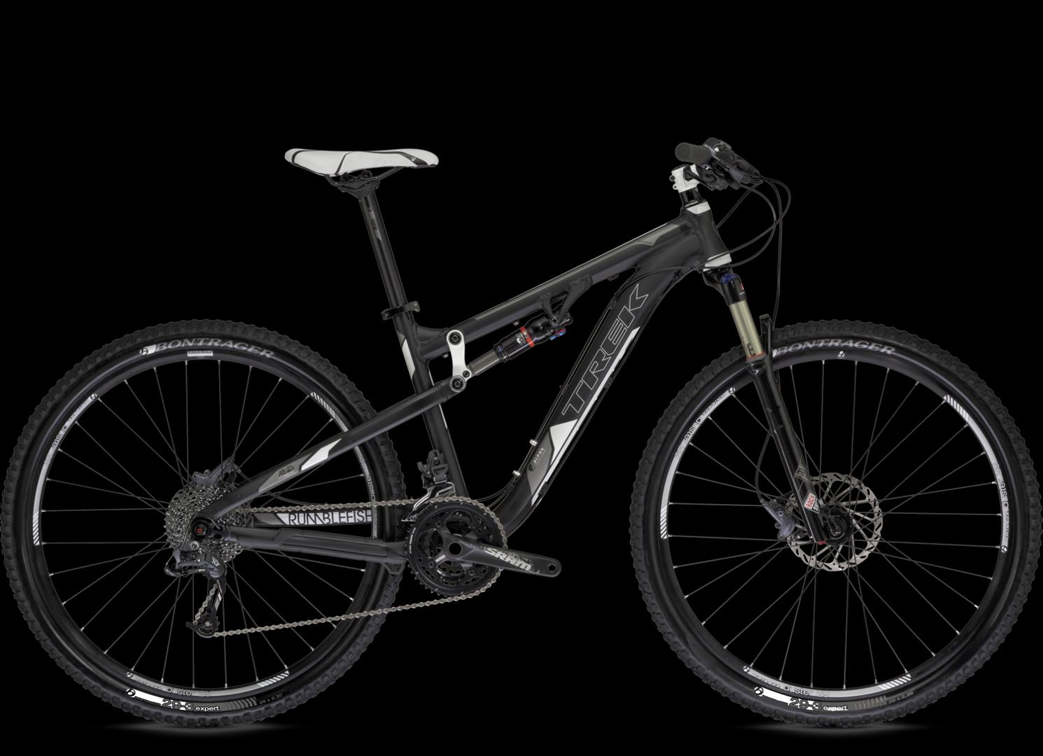 Trek Rumblefish: Alt text: A black and white Trek mountain bike displayed against a black background, featuring a full suspension design, rugged tires, and a modern drivetrain.