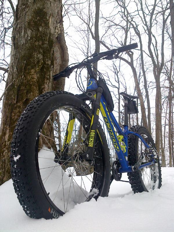 Norco Sasquatch: A blue mountain bike with oversized tires resting against a tree in a snowy forest landscape. The ground is covered in fresh white snow, and the bike features yellow accents and a sturdy frame designed for winter riding.