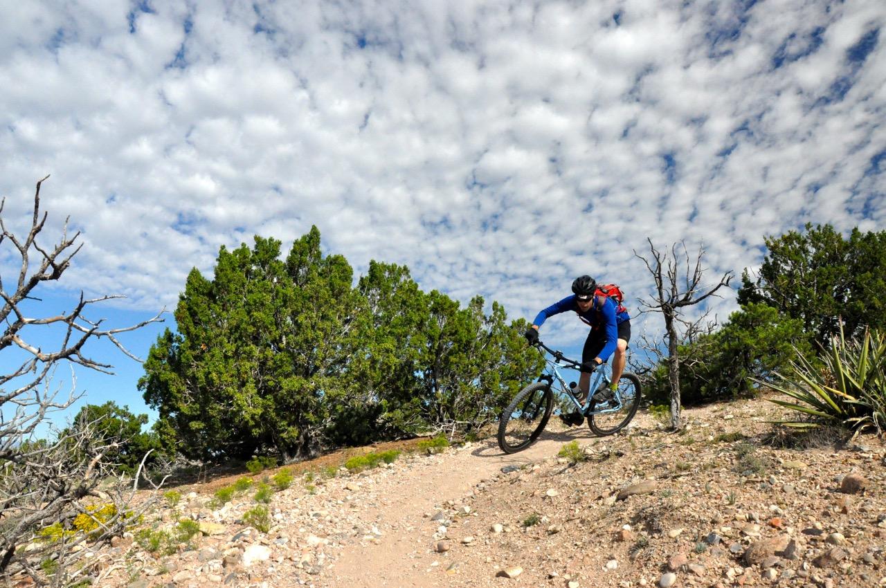 A mountain biker in a blue shirt and helmet navigates a rocky, winding trail surrounded by shrubs and trees under a partly cloudy sky. La Tierra mountain bike trail.