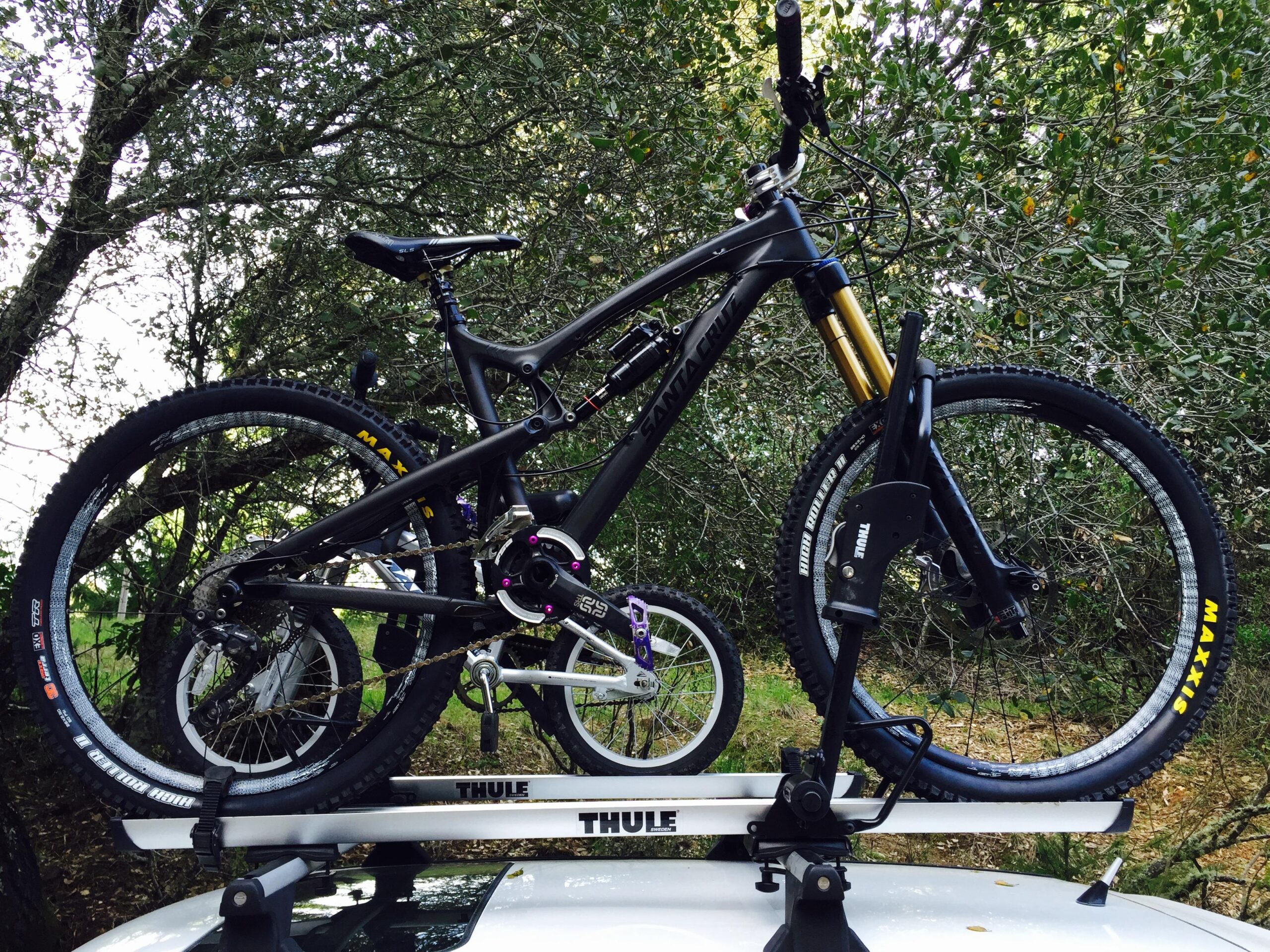 Santa Cruz Nomad: A black mountain bike secured on the roof of a vehicle, featuring a suspension fork, disc brakes, and knobby tires with Maxxis branding. Another bike, smaller and purple, is partially visible in the background. The scene is surrounded by greenery, including trees and foliage.