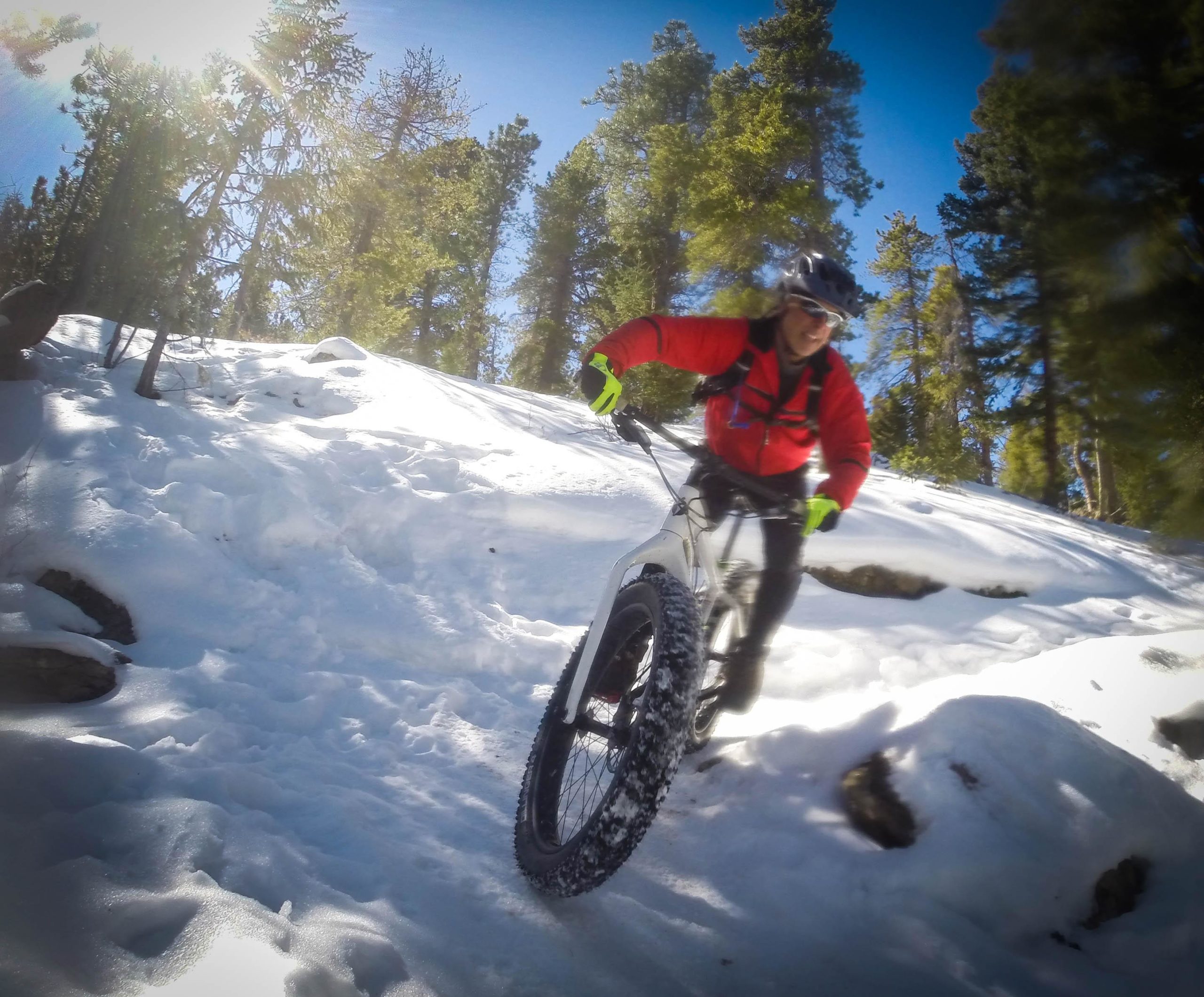 A person wearing a red jacket and gloves rides a fat tire bike down a snowy incline surrounded by tall pine trees on a sunny day. 3 Sisters / Alderfer mountain bike trail.