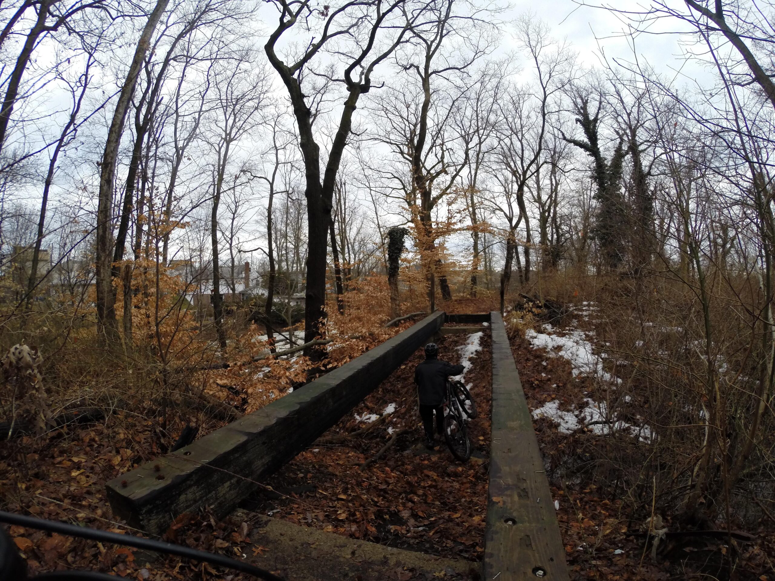 A cyclist stands on a wooden structure in a wooded area during late autumn. The scene includes bare trees and patches of snow on the ground, with fallen leaves covering the ground and hints of orange foliage. The sky is overcast, creating a somber atmosphere. Wolfes Pond park mountain bike trail.