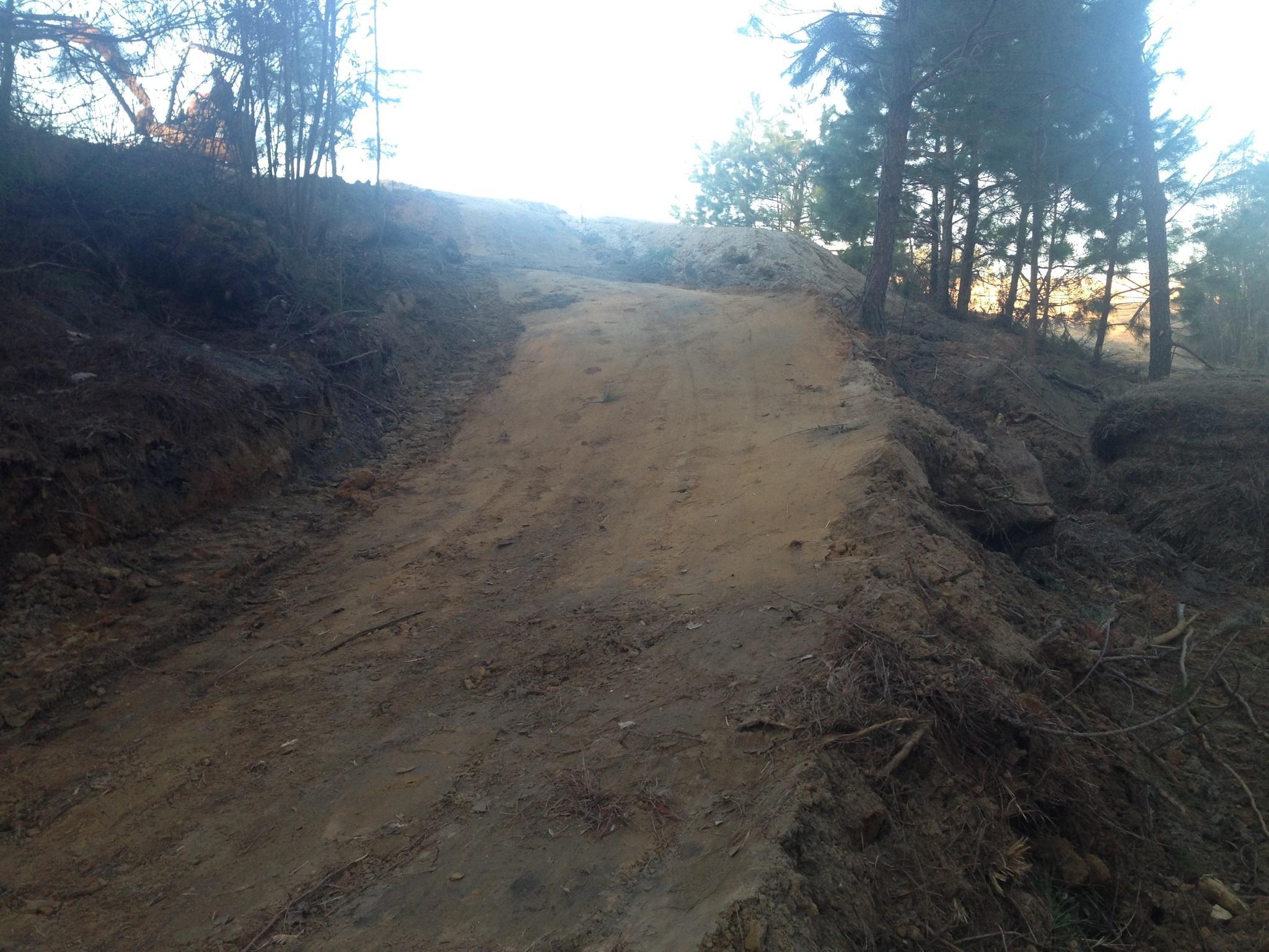 Dirt path leading up a slope, surrounded by trees and overgrown vegetation, with machine tracks visible on the surface. Brown's Creek Nature Park mountain bike trail.