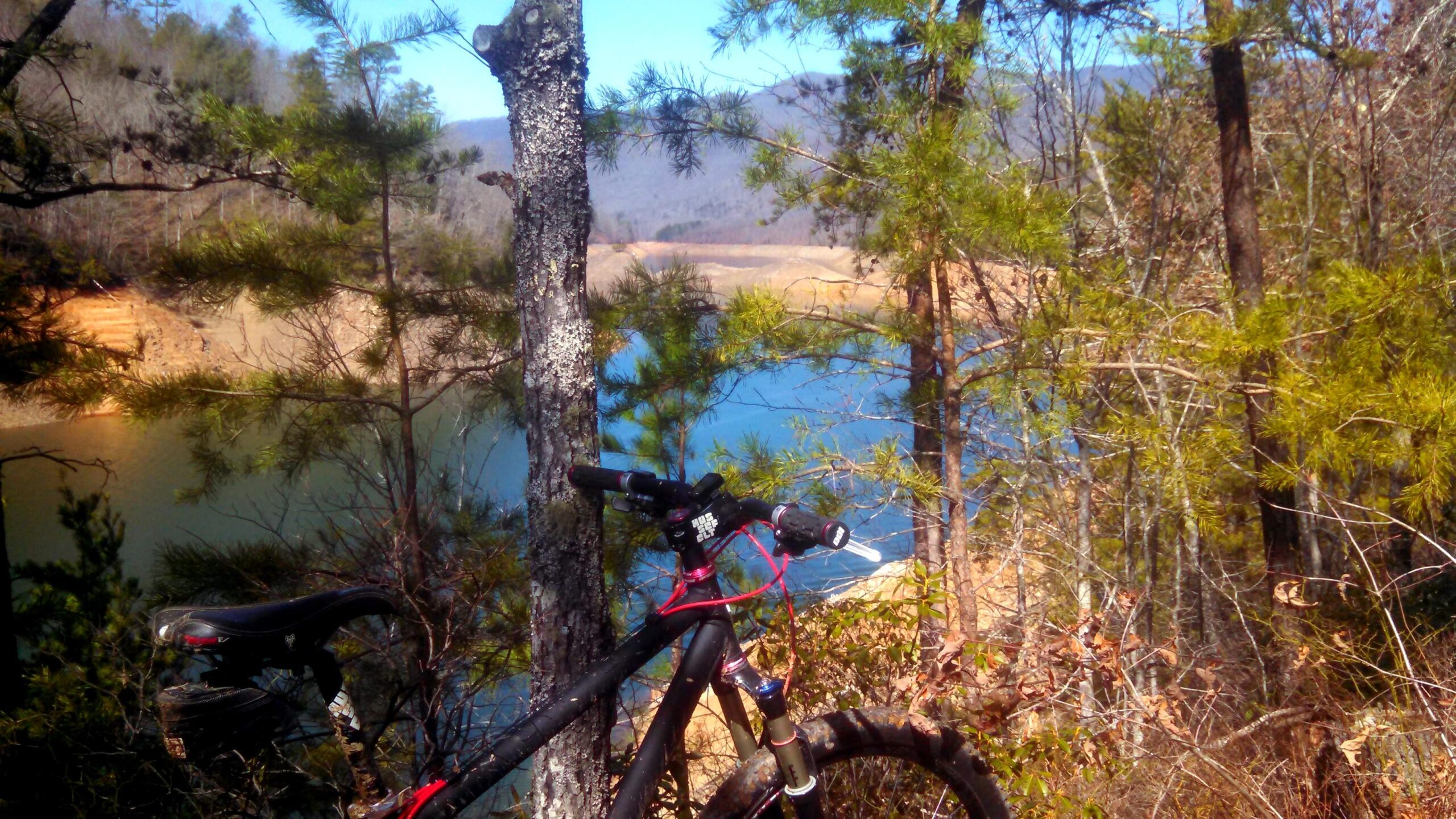 A mountain bike leaning against a tree, with a scenic view of a calm lake surrounded by lush greenery and distant hills under a clear blue sky. Tsali Left Loop mountain bike trail.
