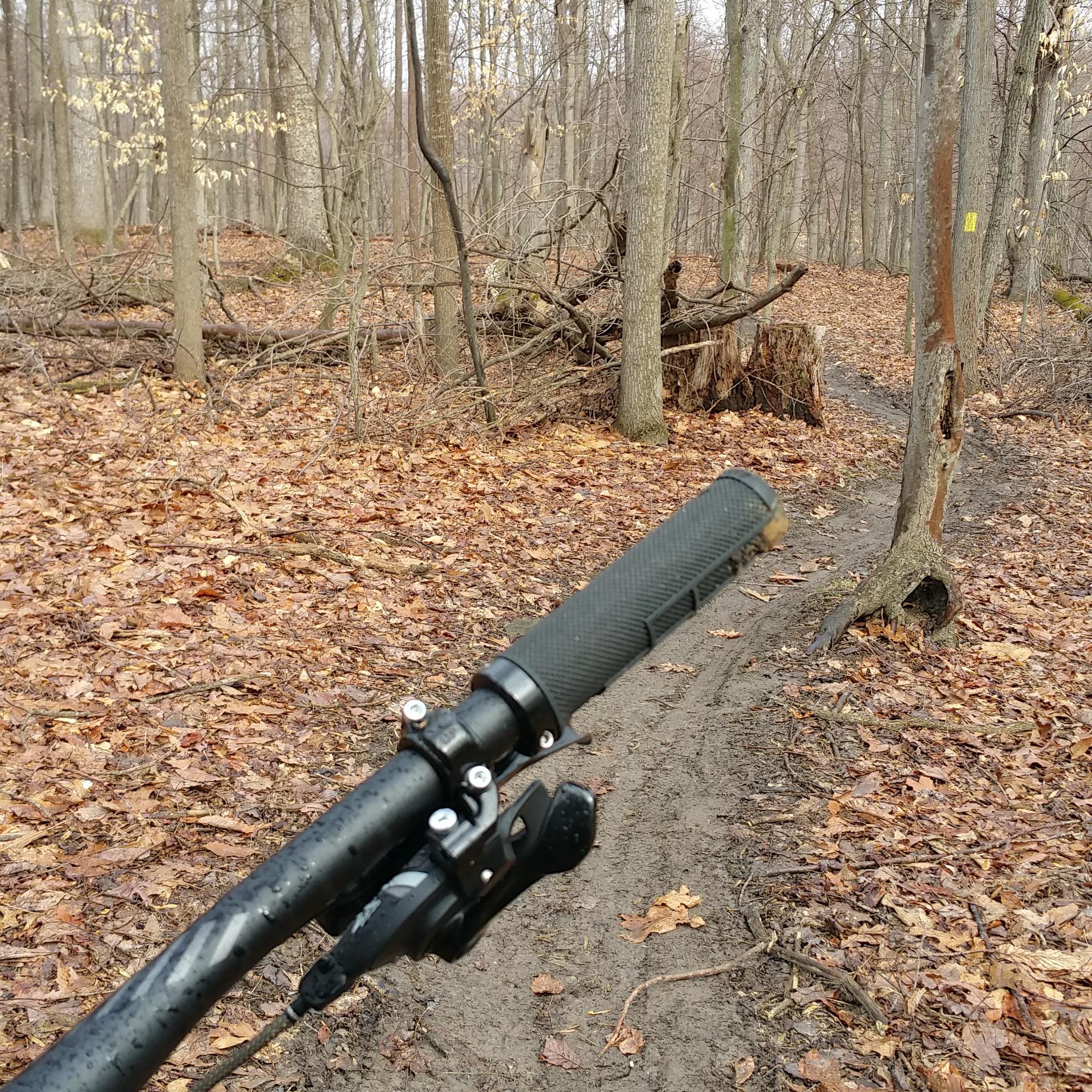 Alt text: Close-up view of a mountain bike handlebar with a gear shifter, set against a forest background with a narrow dirt trail covered in fallen leaves and surrounded by trees. Freedom Center mountain bike trail.
