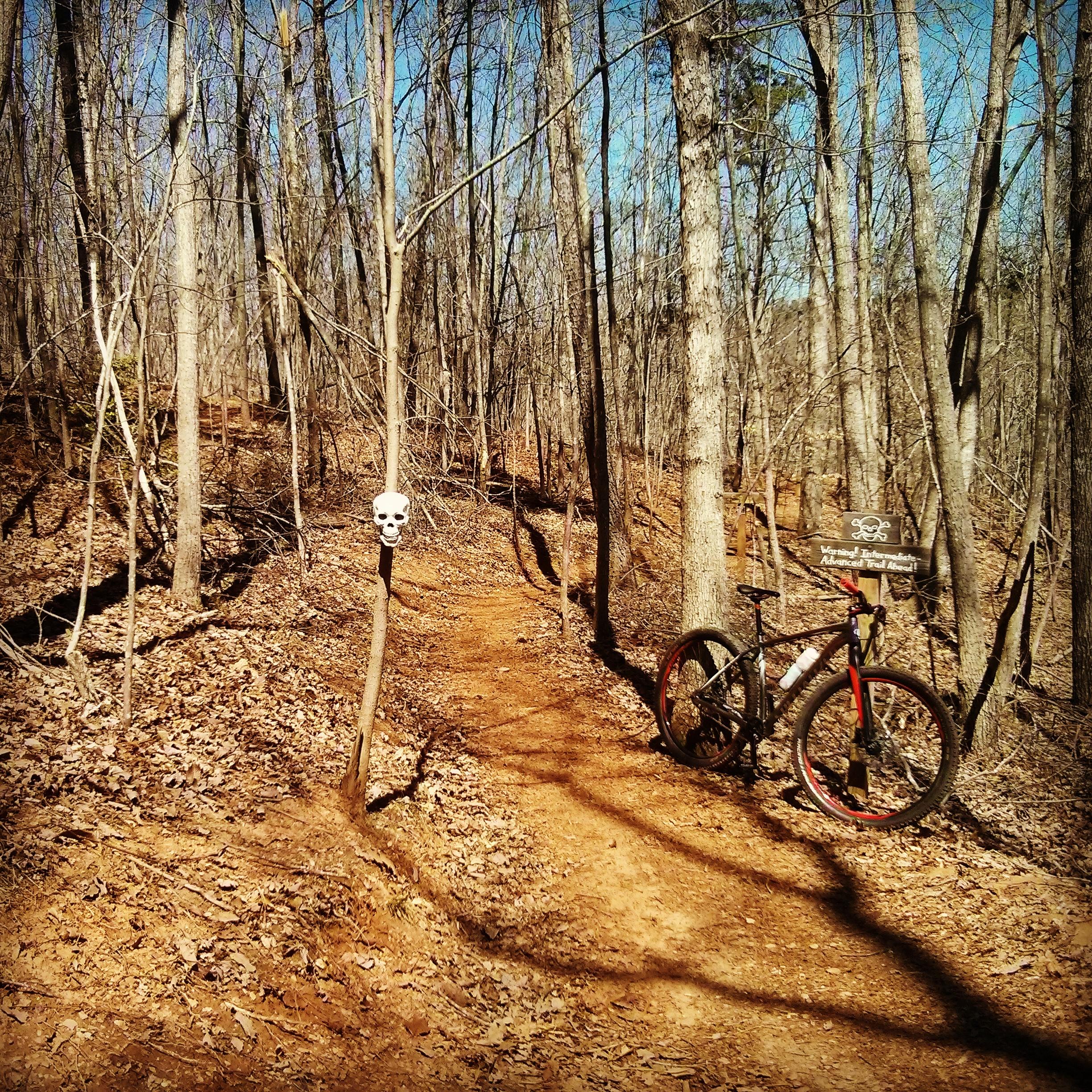 Mountain bike parked next to a dirt trail in a wooded area, with a skull decoration on a stick to the left and a sign in the background. The scene is set under a clear blue sky with bare trees and scattered dry leaves on the ground. Chicopee Woods mountain bike trail.