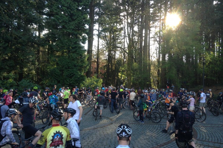 A large group of cyclists gathered in a wooded area, wearing helmets and biking gear. The scene features green trees and a sunny backdrop, with people interacting and preparing for a ride. The ground is made of cobblestones, and various bicycles are parked around the participants.