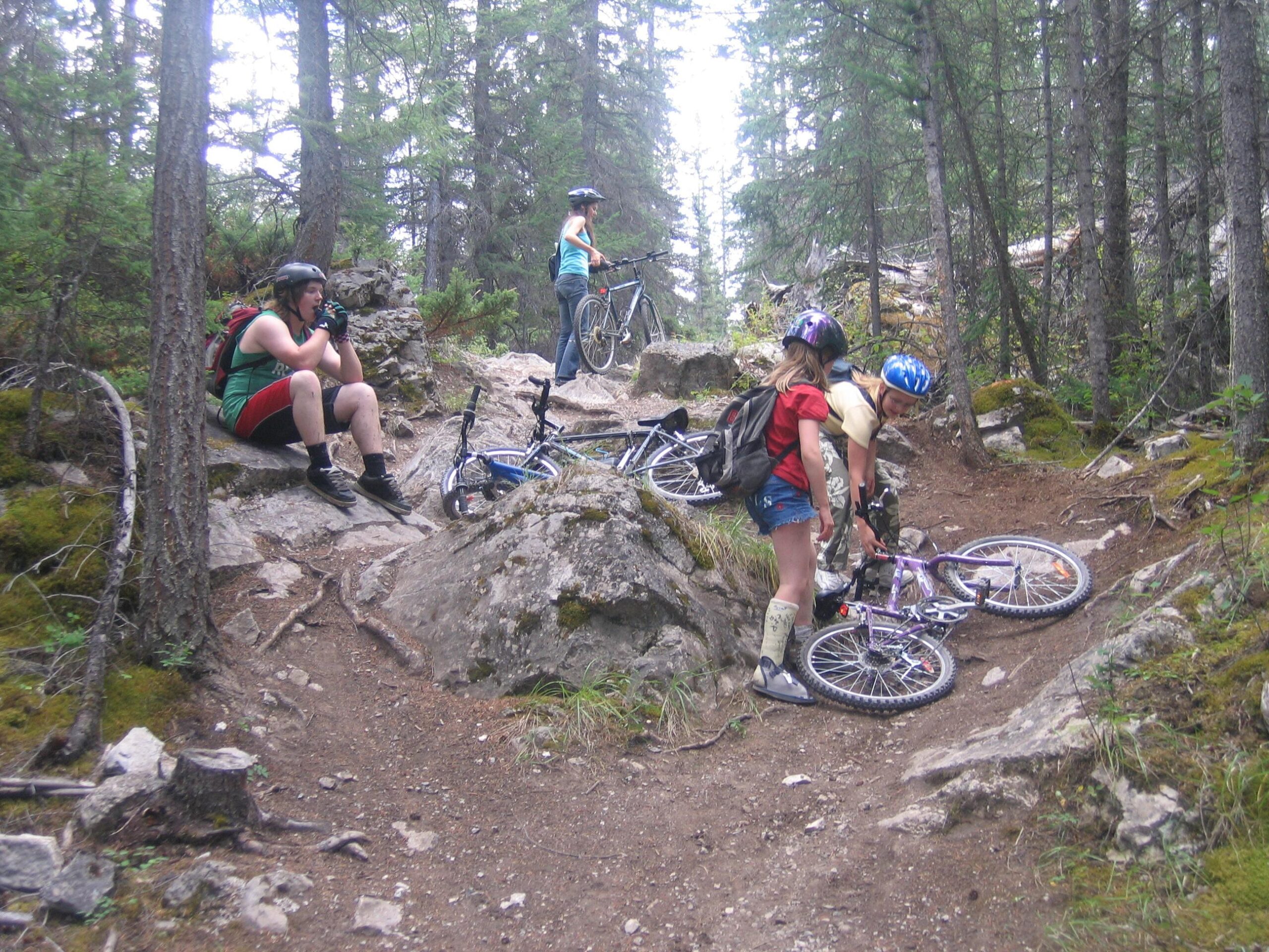 A group of mountain bikers resting and working on their bikes on a rocky forest trail. One person sits on a rock, one stands nearby with a bike, while two others are inspecting a fallen bicycle on the ground. The surrounding area is lush with trees and foliage. The Overlander mountain bike trail.