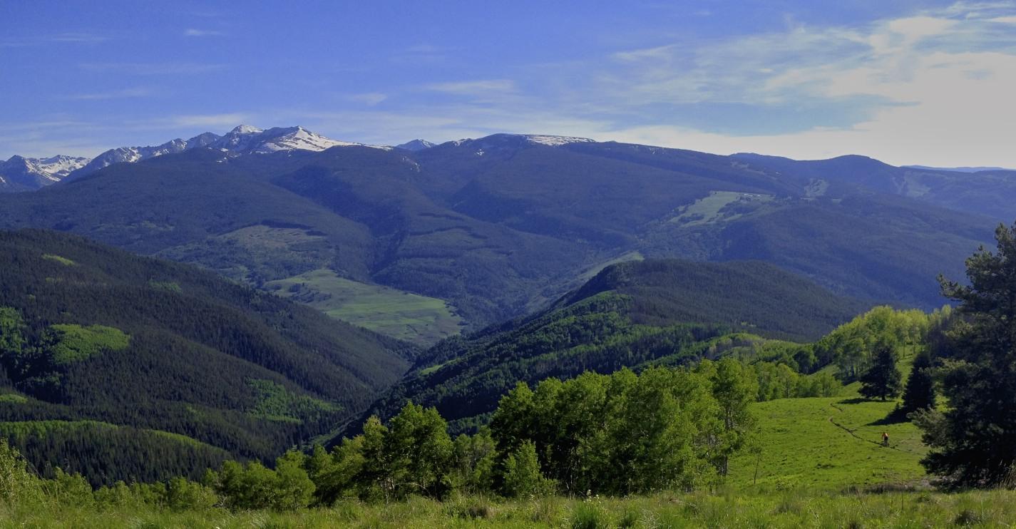 A panoramic view of lush green mountains under a clear blue sky, with snow-capped peaks in the background. The landscape features a mix of evergreen forests and open meadows, with a small path winding through the greenery. A person can be seen walking along the path, adding a sense of scale to the vast natural scenery. Vail Mountain Bike Park mountain bike trail.