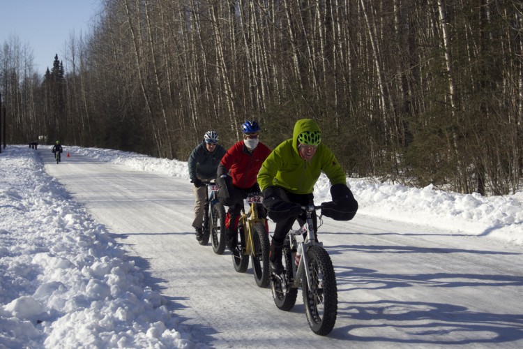 Four cyclists riding fat bikes on a snowy, tree-lined trail on a clear day. The leading cyclist is wearing a bright green jacket, while the others are dressed in various colors. Snow is visible on both sides of the track, and the sunlight casts shadows on the snowy surface.