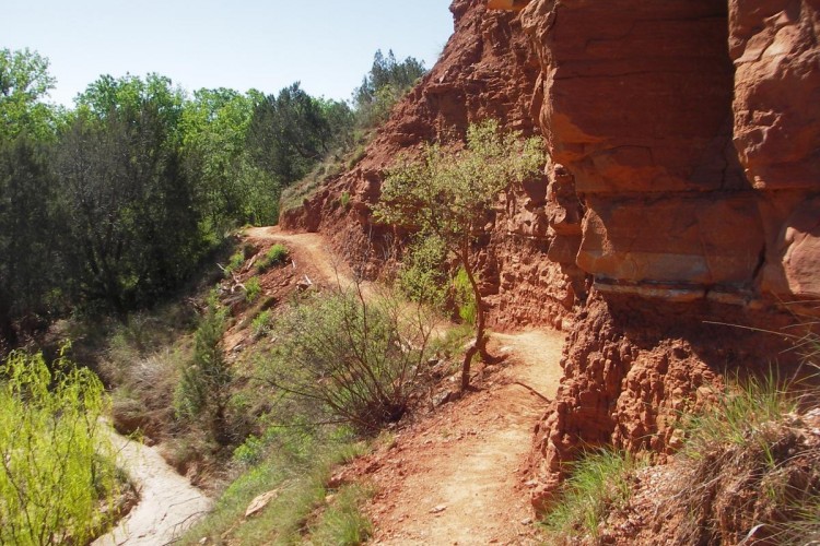 A winding dirt path alongside a steep red rock formation, surrounded by green foliage and trees. The scene is illuminated by bright sunlight, highlighting the contrast between the earthy tones of the rocks and the vibrant greenery.