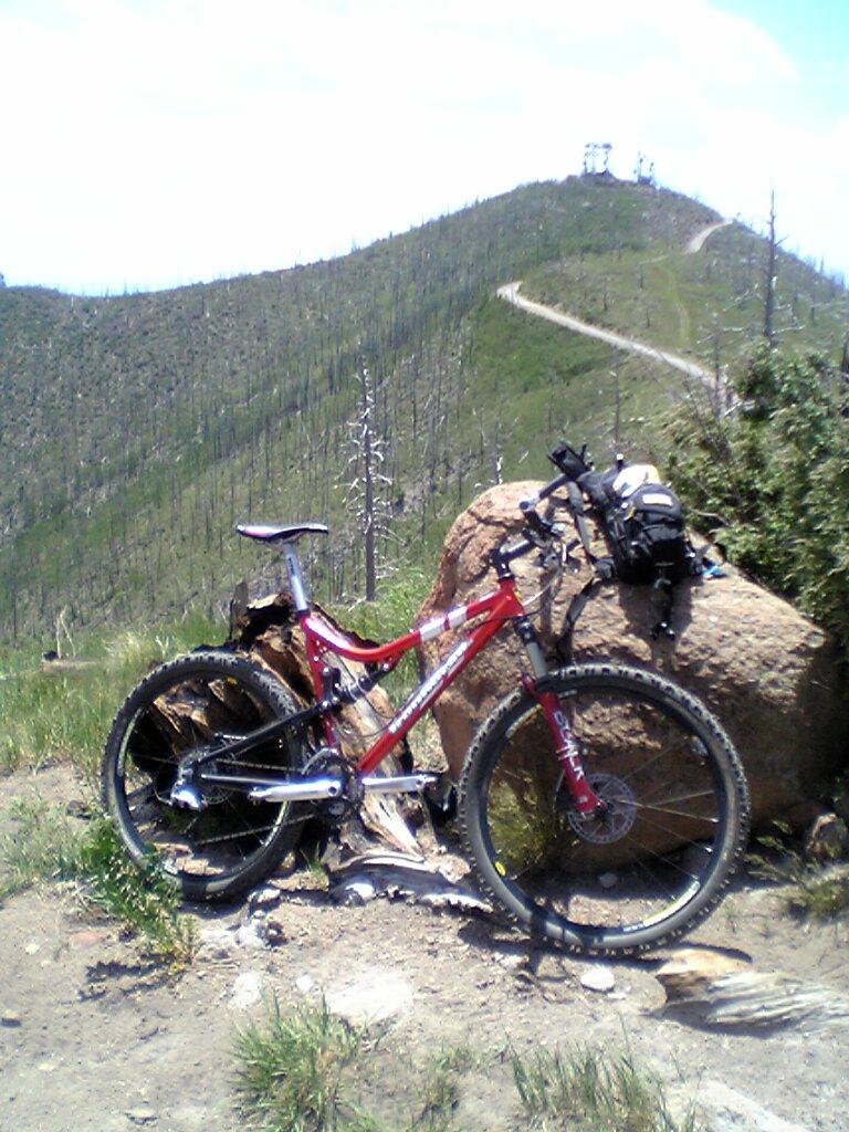 Iron Horse Hollowpoint Expert: A mountain bike resting against a large rock on a trail surrounded by green hills and sparse trees, with a clear blue sky in the background.