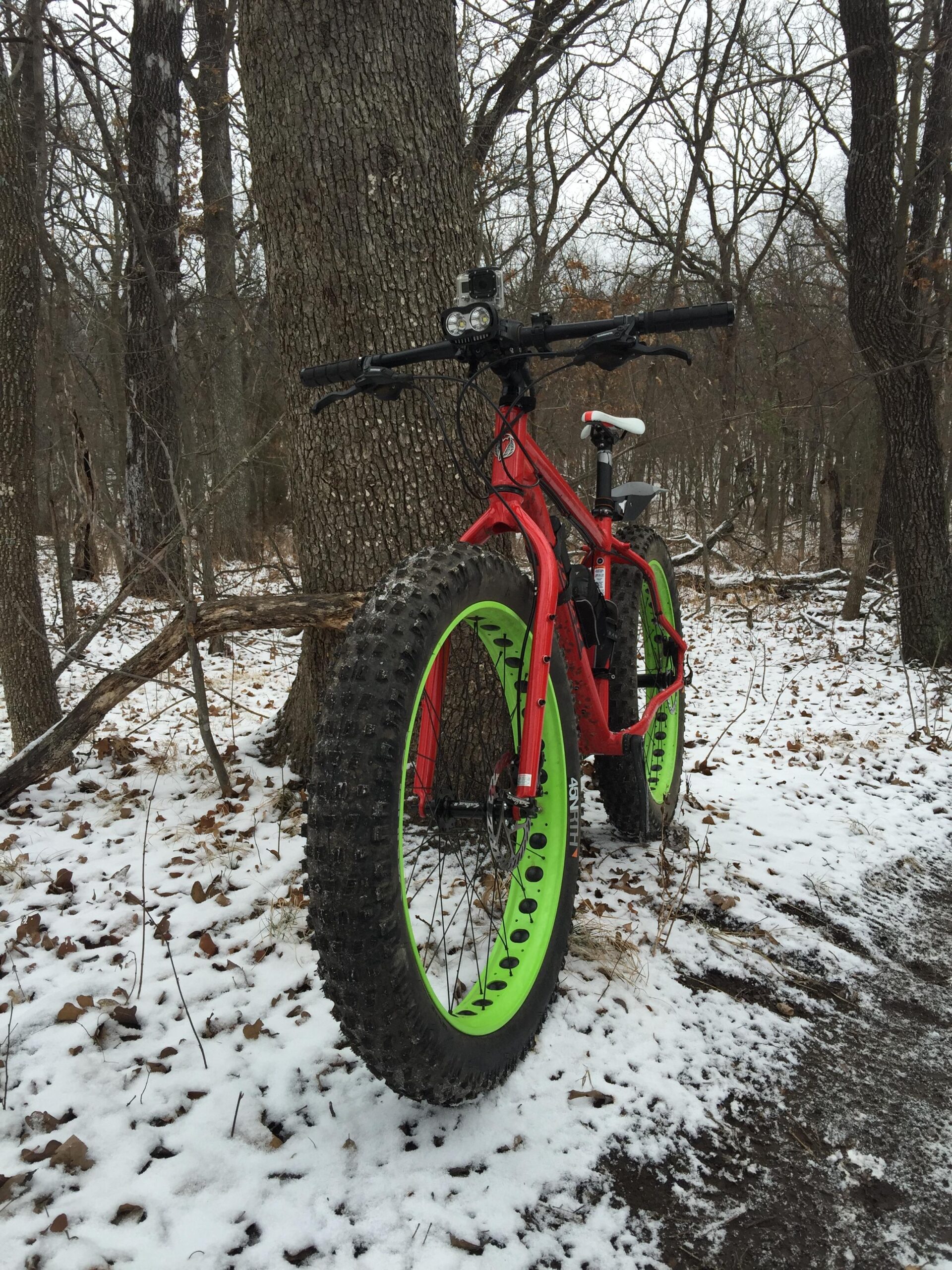 Salsa Mukluk: A red fat bike with bright green tires is leaning against a tree in a snowy, wooded area. The ground is covered with a light layer of snow and scattered leaves, with trees visible in the background. A camera is mounted on the bike's handlebars.