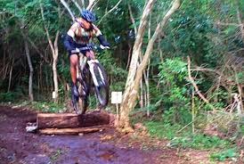 A mountain bike rider performing a jump over a wooden log on a dirt trail surrounded by lush greenery. The rider is wearing a helmet and cycling gear, showcasing an action-packed moment in an outdoor setting. Punta Vendo bike park mountain bike trail.