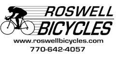 Logo for Roswell Bicycles featuring a cyclist in motion, with the text "Roswell Bicycles" and contact information, including a website link and phone number.