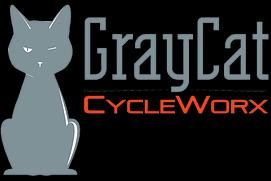 Logo for GrayCat CycleWorx featuring a stylized gray cat with a slightly mischievous expression, accompanied by the text "GrayCat" in gray and "CycleWorx" in bright orange. The background is solid black.
