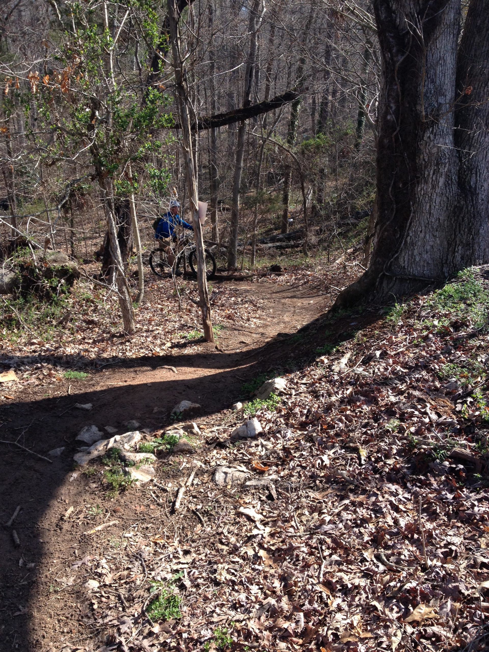 A narrow winding dirt path through a wooded area, surrounded by leafless trees and scattered leaves on the ground. A mountain biker is visible in the background, partially obscured by the trees. The scene is illuminated by natural light, suggesting an outdoor setting in early spring or late winter. Rocky River Trail mountain bike trail.