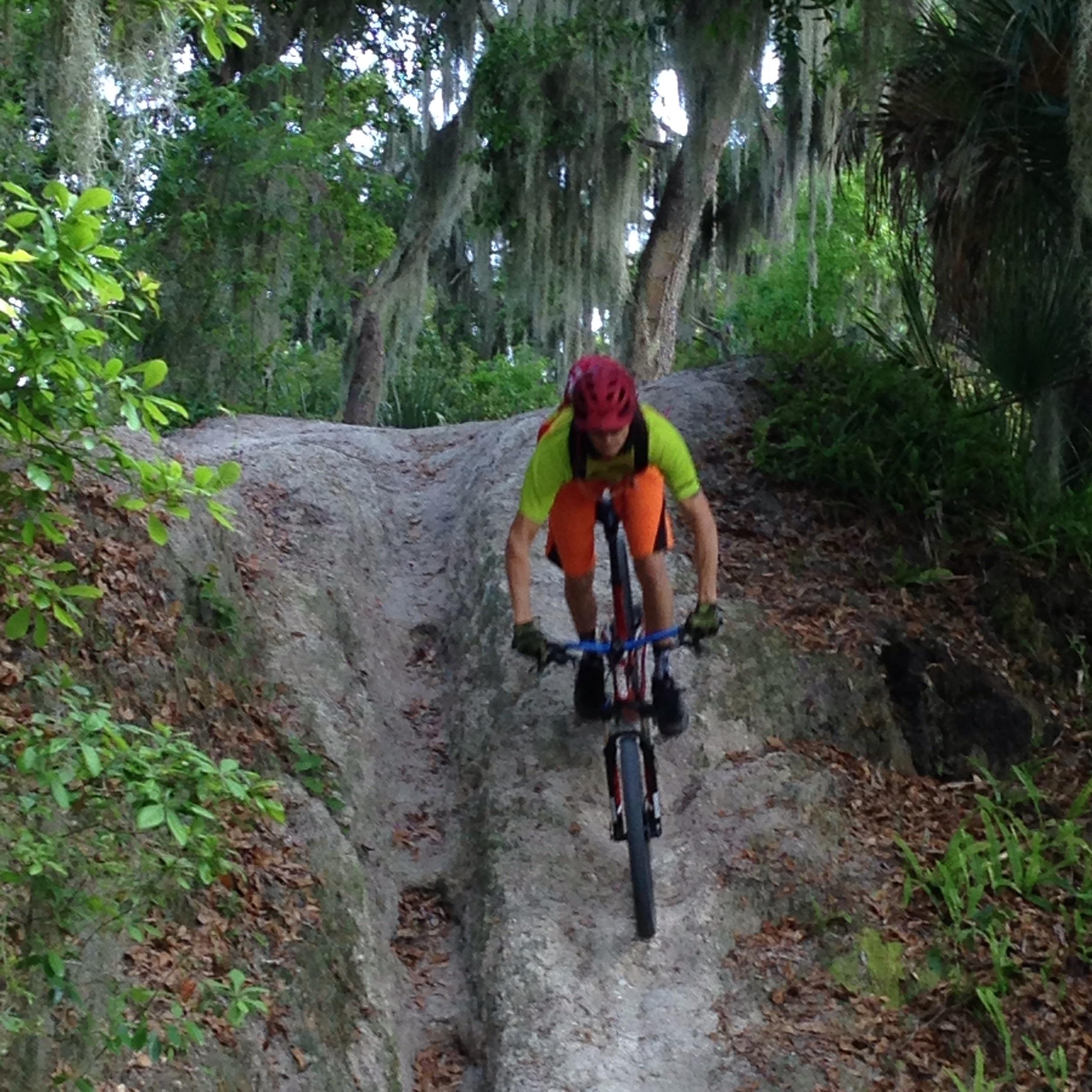 A mountain biker in a bright yellow shirt and orange shorts rides down a dirt trail surrounded by greenery. The cyclist is leaning forward, navigating a steep incline with trees and moss hanging in the background. Loyce E. Harpe Park mountain bike trail.