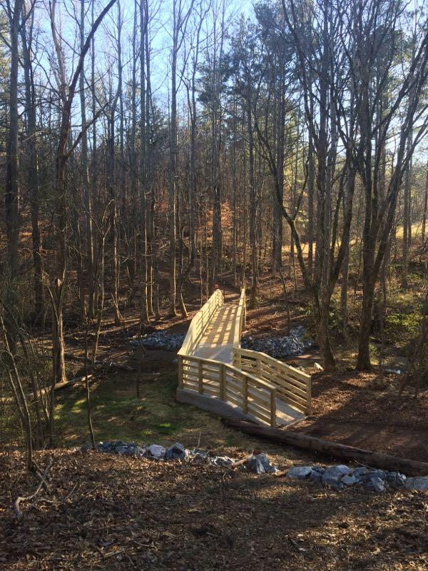 A wooden bridge spanning a small creek in a wooded area, surrounded by tall, bare trees. The ground is covered with fallen leaves and rocks, with sunlight filtering through the branches, creating a serene and peaceful atmosphere. Charleston Park mountain bike trail.