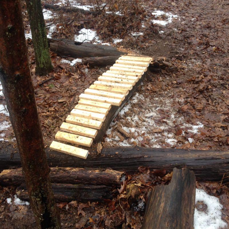 A wooden plank bridge placed over muddy ground, surrounded by fallen leaves and scattered patches of snow in a forested area. Deer Lakes Park mountain bike trail.