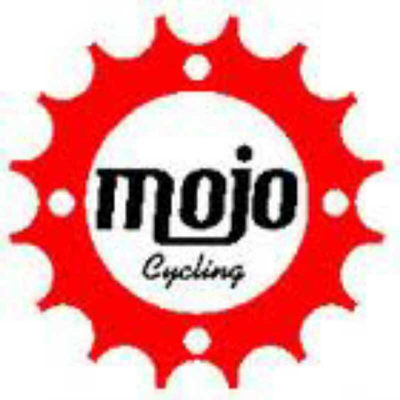 Logo of Mojo Cycling featuring the word "mojo" in bold black letters centered inside a red gear-like design, with the word "Cycling" in smaller font below.