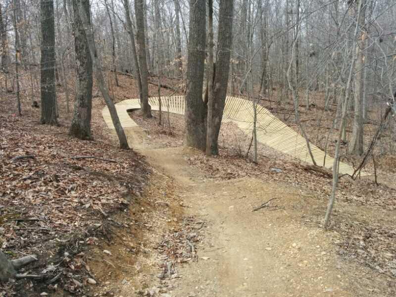 A dirt trail winding through a wooded area, surrounded by bare trees and scattered leaves. In the background, there is a wooden structure that follows the curve of the trail, suggesting a path for biking or hiking. The scene is set in a tranquil, natural environment. Meadowood mountain bike trail.