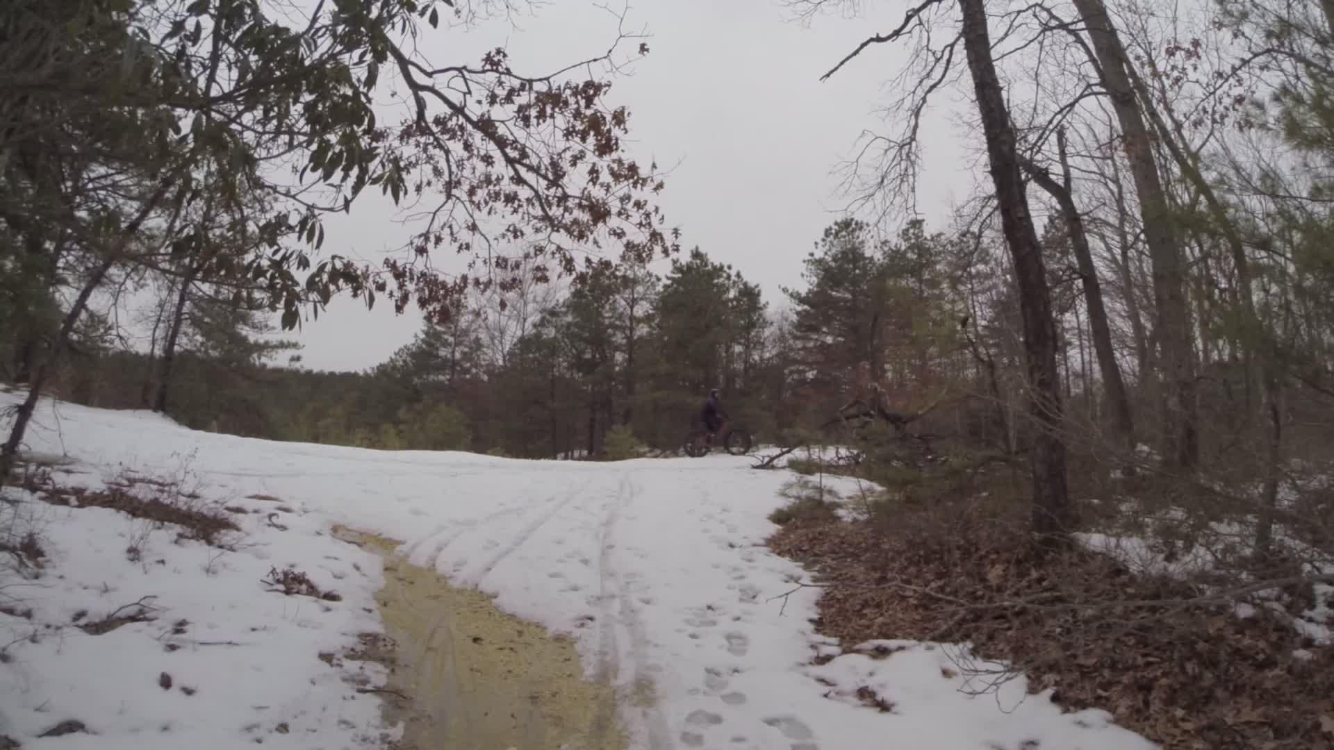 A cyclist riding on a snowy trail surrounded by trees, with patches of snow and mud visible on the ground. The scene is overcast, suggesting a cold, wintry day. Allaire State Park mountain bike trail.