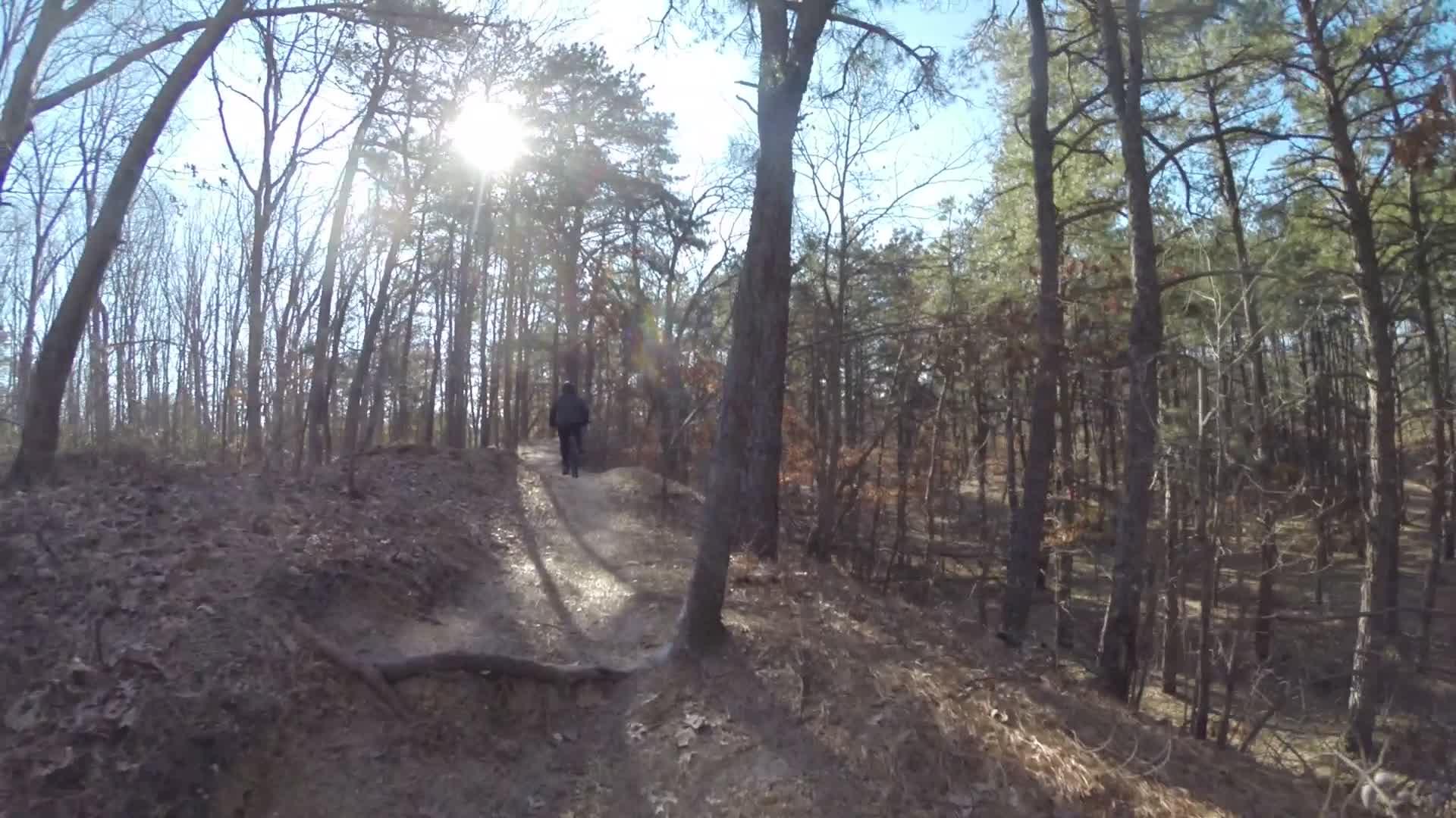 A person walking along a dirt path in a wooded area, surrounded by tall trees and dappled sunlight filtering through the branches. The forest floor is covered with leaves, and the scene conveys a peaceful, natural setting. Allaire State Park mountain bike trail.