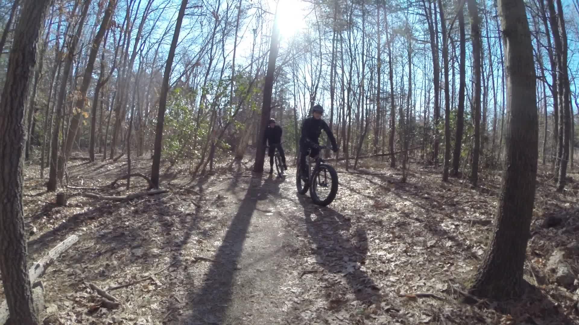 Two cyclists riding mountain bikes on a wooded trail. The sun is shining through the trees, creating dappled light on the ground covered with fallen leaves. One cyclist is in the foreground, actively pedaling, while the second cyclist is visible in the background, slightly further back on the path. The scene conveys a sense of adventure and outdoor activity in a natural setting. Allaire State Park mountain bike trail.