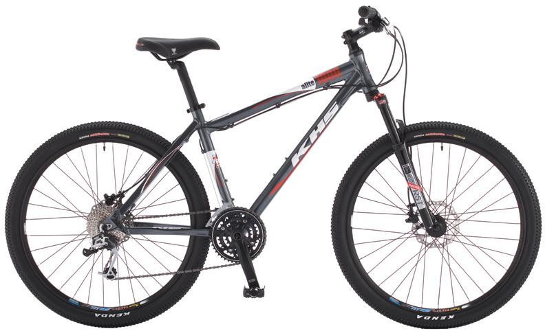 KHS Alite 1000: A grey and red mountain bike with distinctive features including large tires, a sturdy frame, and a disc brake system. The bike is designed for off-road riding, showcasing a modern aesthetic with the brand name displayed prominently on the frame.