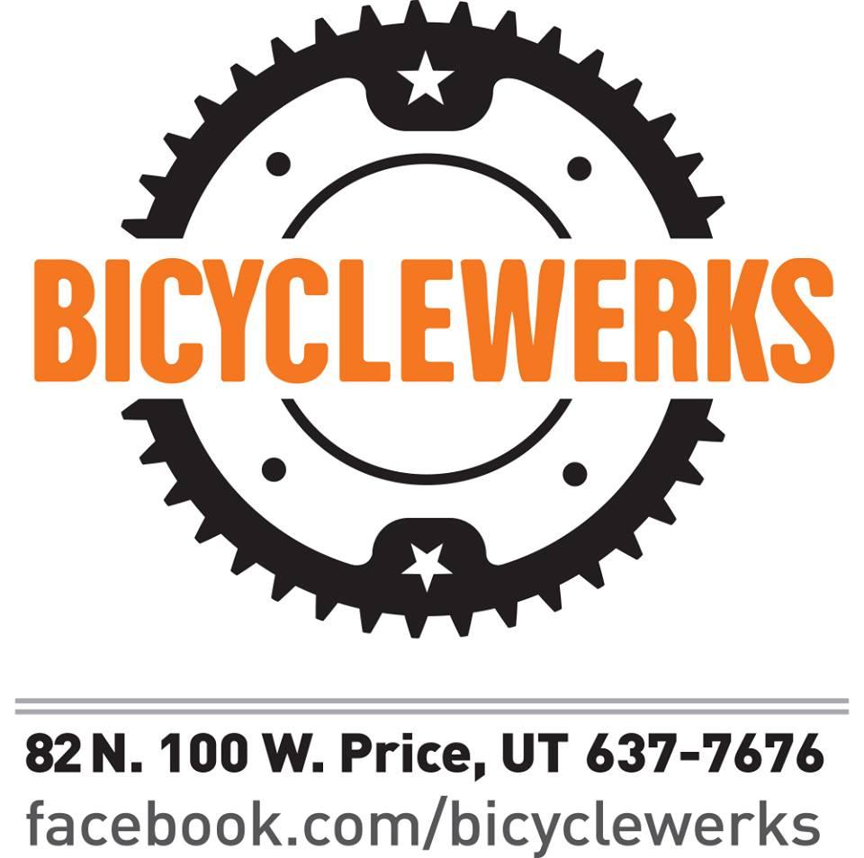 Logo for Bicyclewerks featuring a gear design with the text "BICYCLEWERKS" in bold orange letters. Below, the address "82 N. 100 W. Price, UT 637-7676" and a link to their Facebook page are displayed.