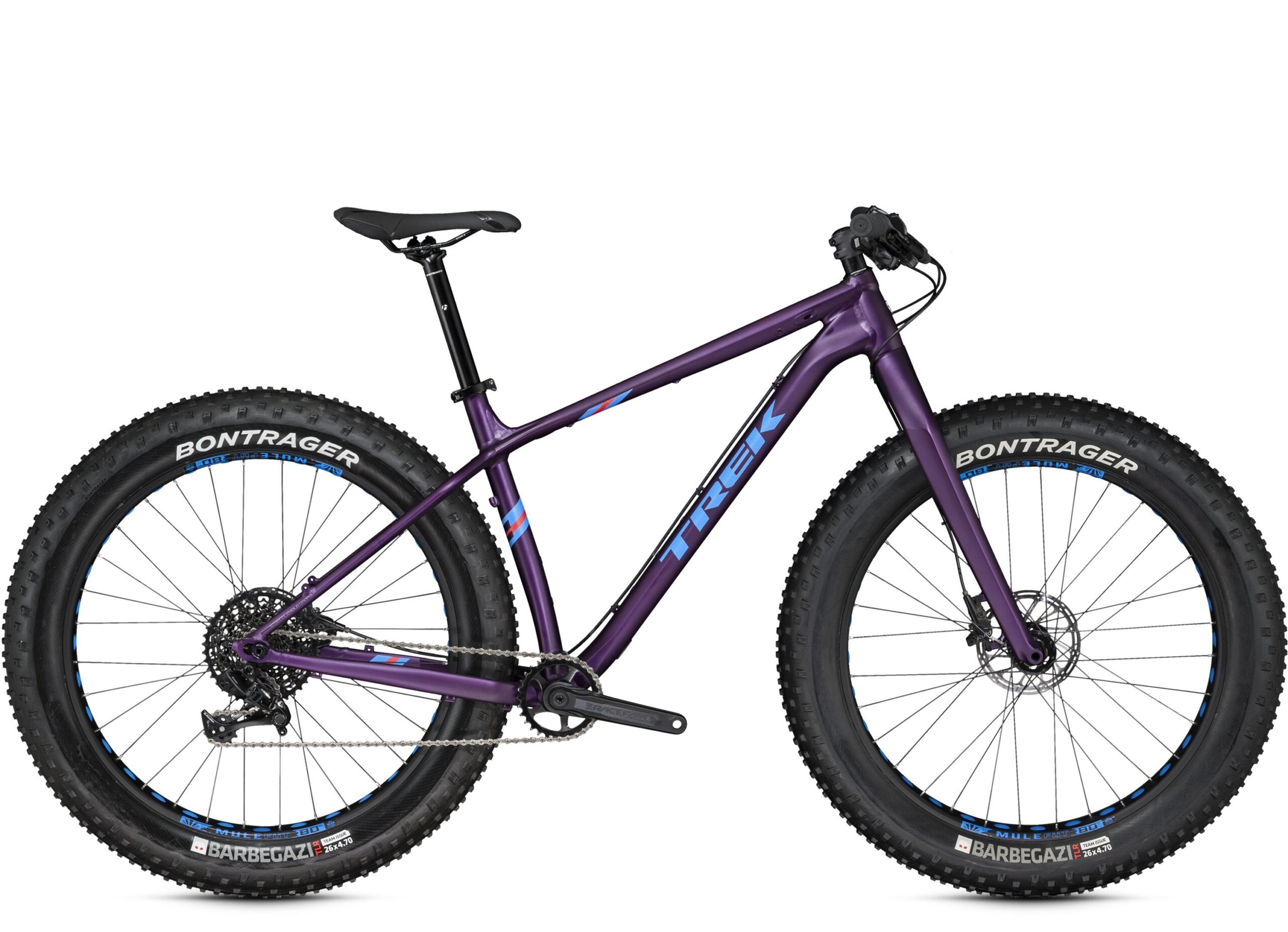 Trek Farley: A purple fat bike featuring wide tires, a sleek frame, and Bontrager branding on the wheels. The bike is viewed from the side, showcasing its design elements and components, suitable for off-road and winter riding.
