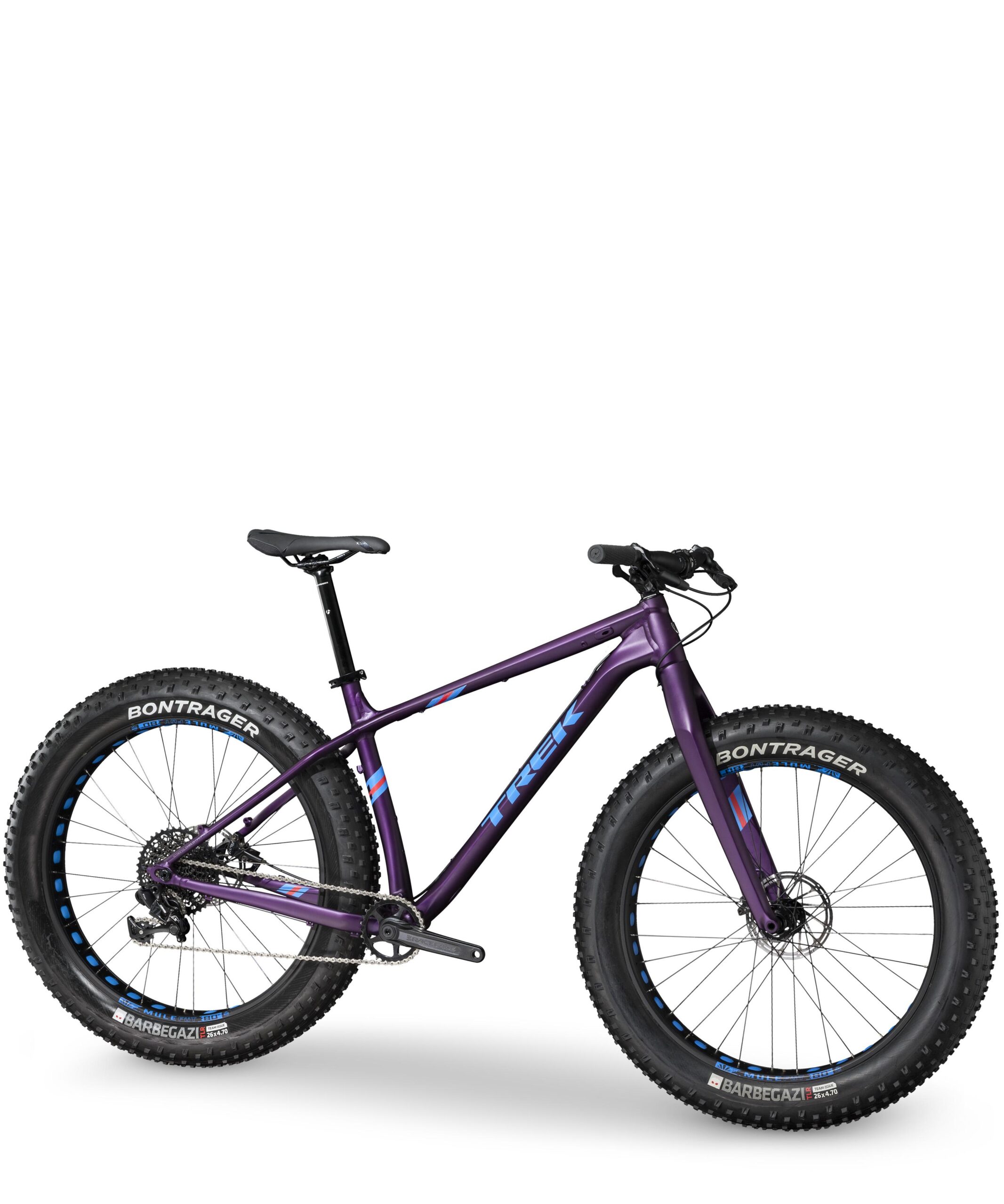 Trek Farley: A purple fat tire bike with wide tires, featuring a sleek frame and Bontrager branding on the wheels. The bike is positioned against a white background, showcasing its design and construction.