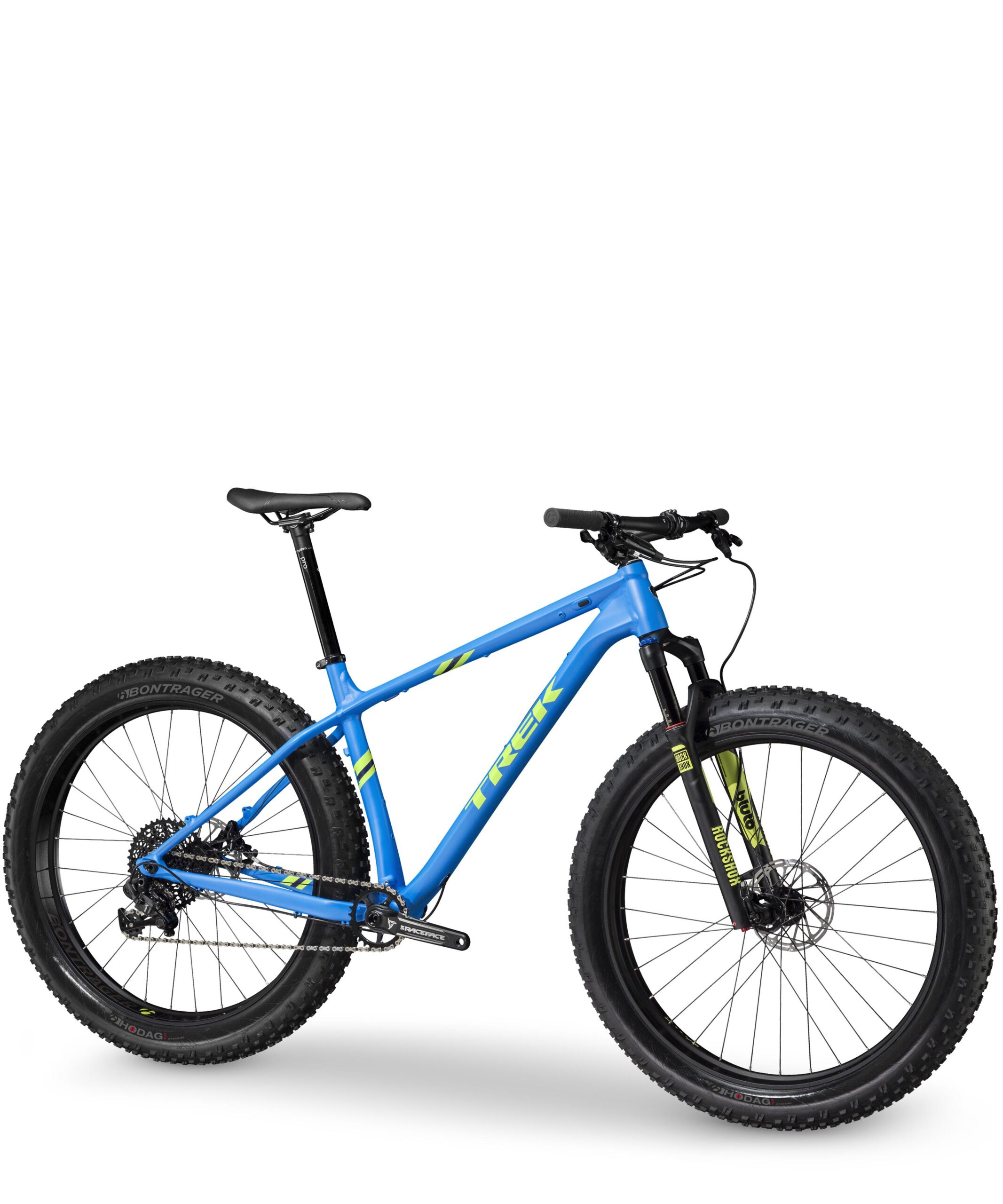 Trek Farley: A blue Trek mountain bike featuring a sturdy frame, wide tires, and a front suspension fork, displayed against a white background. The bike is designed for rugged terrain, showcasing its fat tires and modern components.