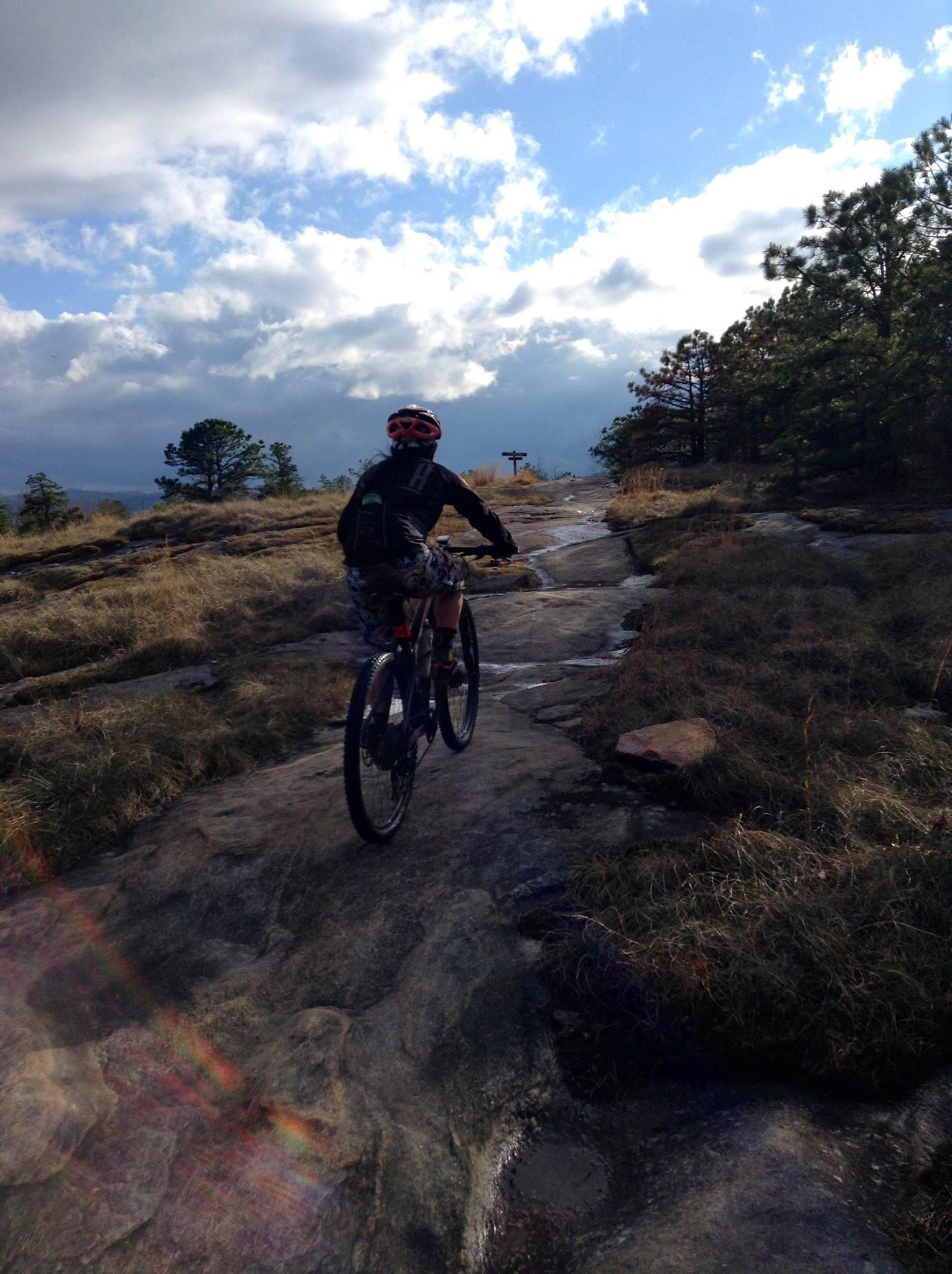 A mountain biker rides along a rocky trail surrounded by dry grass and sparse trees under a cloudy sky. The path curves ahead, leading toward a trail sign in the distance. DuPont State Forest mountain bike trail.