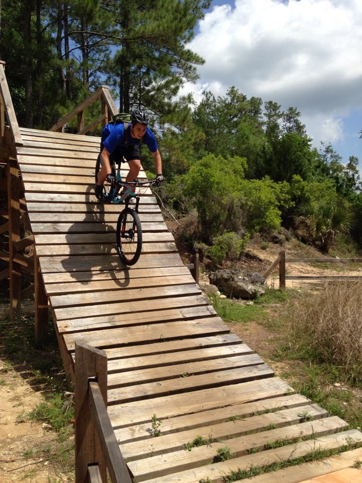 A mountain biker in a blue shirt and helmet rides down a wooden ramp in a forested area, surrounded by green trees and grass. The sun is shining, and the biker appears focused and in motion. Santos mountain bike trail.