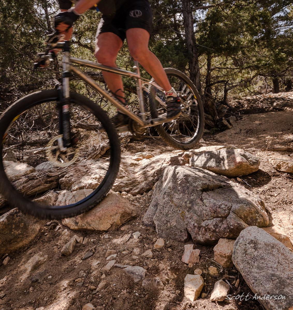 A cyclist in motion is seen jumping over a rocky trail surrounded by trees, demonstrating skillful mountain biking on uneven terrain. The bike and rider are partially blurred to emphasize movement and speed as they navigate the rugged path. Double Rainbow mountain bike trail.