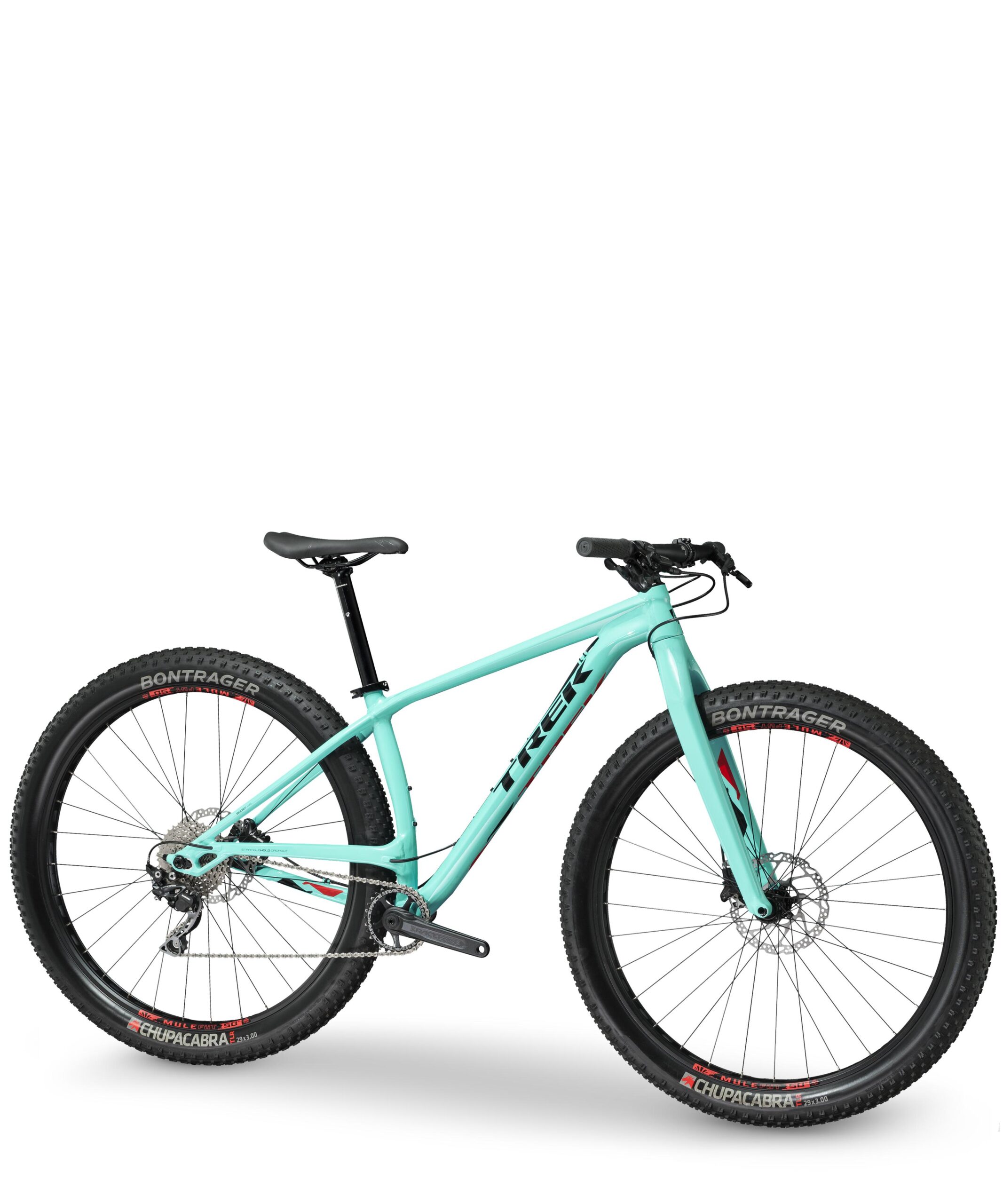 Trek Stache 9: A turquoise mountain bike with wide tires, a lightweight frame, and a sleek design, showcasing Bontrager Chupacabra tires. The bike features a dropper seat post and is positioned against a white background.
