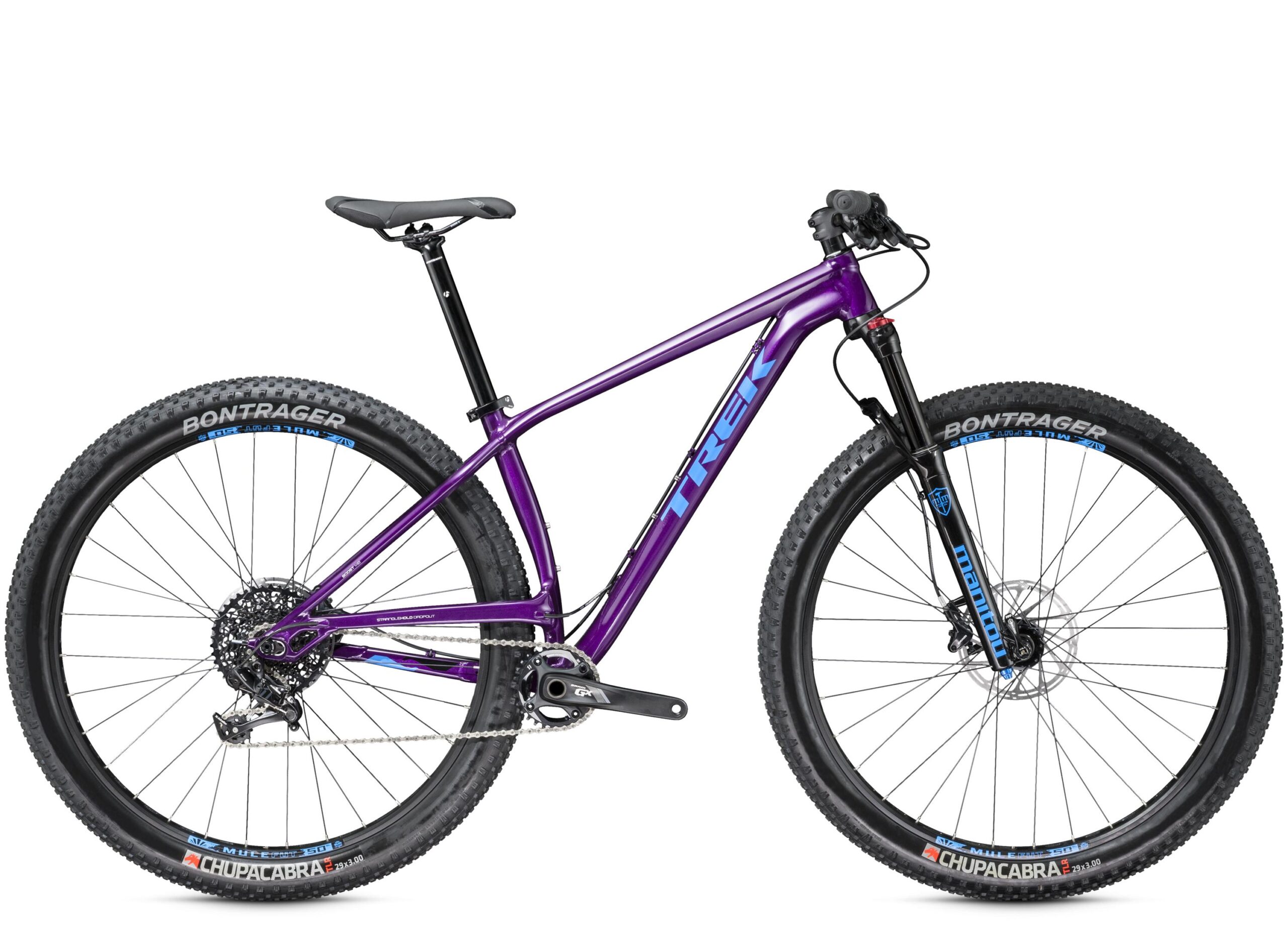 Trek Stache 9: A purple mountain bike with a sleek frame and wide tires, featuring Bontrager branding on the tires. The bike is equipped with a front suspension fork and a simple gear setup, showcasing a modern design suitable for off-road trails. The background is plain, highlighting the bike's details.