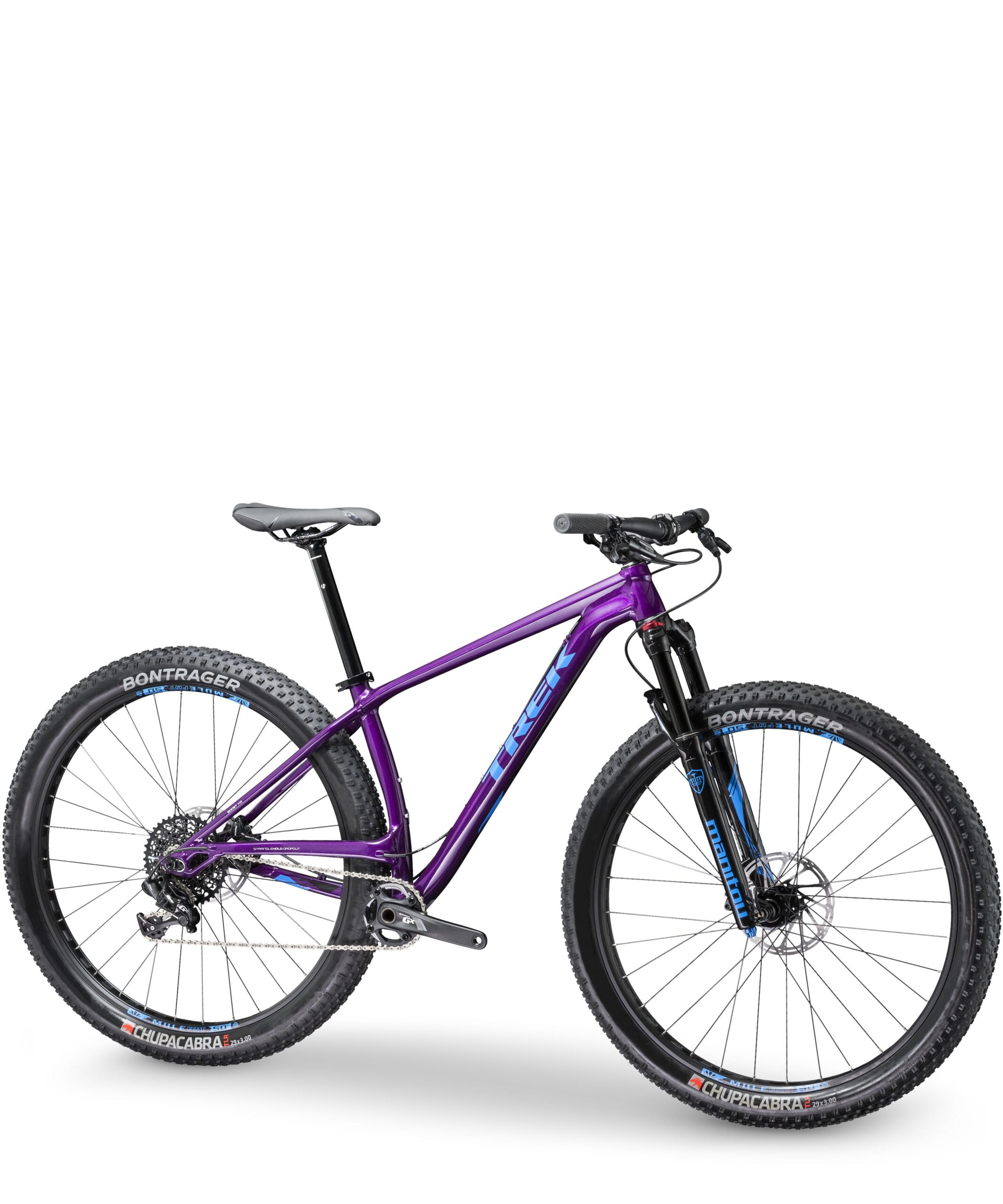 Trek Stache 9: A purple mountain bike with a sleek frame, featuring front suspension and wide tires. The bike is displayed against a white background, showcasing its lightweight design and components.
