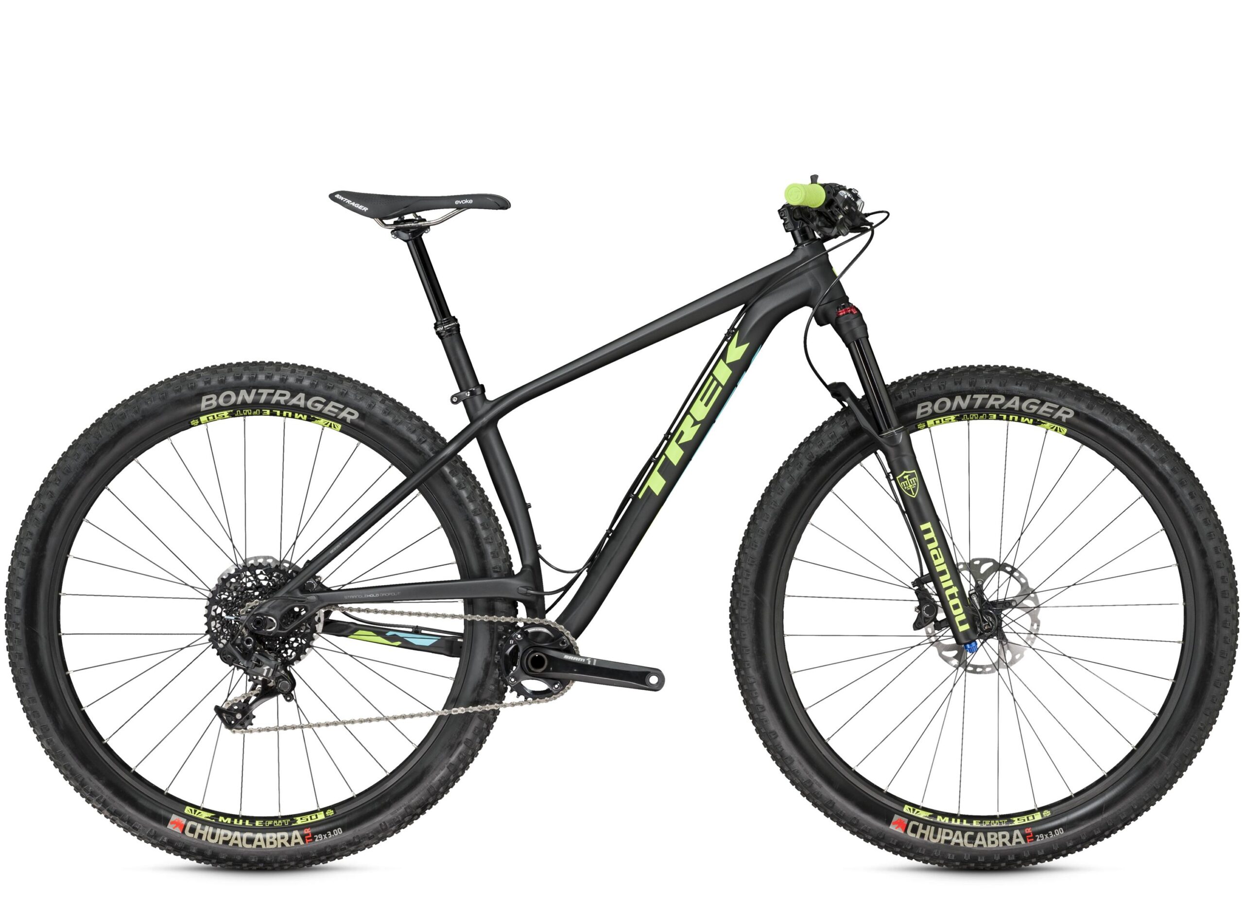 Trek Stache 9: Black mountain bike with yellow and green accents, featuring wide tires and a lightweight frame. The bike is equipped with a suspension fork and a modern design suitable for off-road riding. It displays components branded by Bontrager and Manitou.