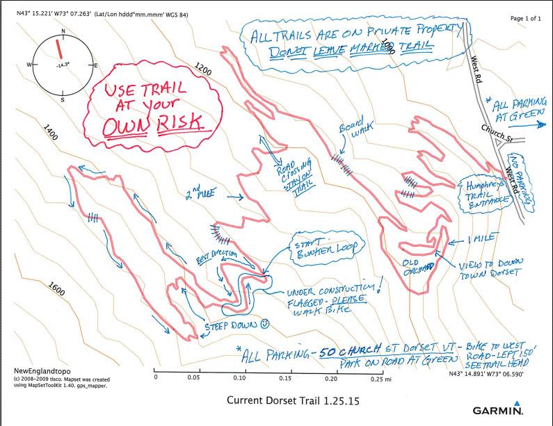 Map of the Current Dorset Trail, featuring contour lines, marked trails, parking instructions, and various landmarks. The map includes warnings about using the trails at your own risk and notes that all trails are on private property. Key details such as distances, trail conditions, and construction areas are highlighted. Humphrey