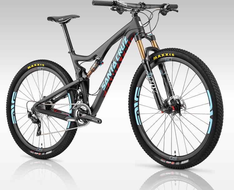 Santa Cruz Tallboy: A sleek, modern mountain bike with a black frame and vibrant blue and red accents. It features a dual suspension system, high-performance tires labeled "MAXXIS," and an advanced gear system. The bike is positioned against a light gray gradient background, highlighting its geometric design and polished components.