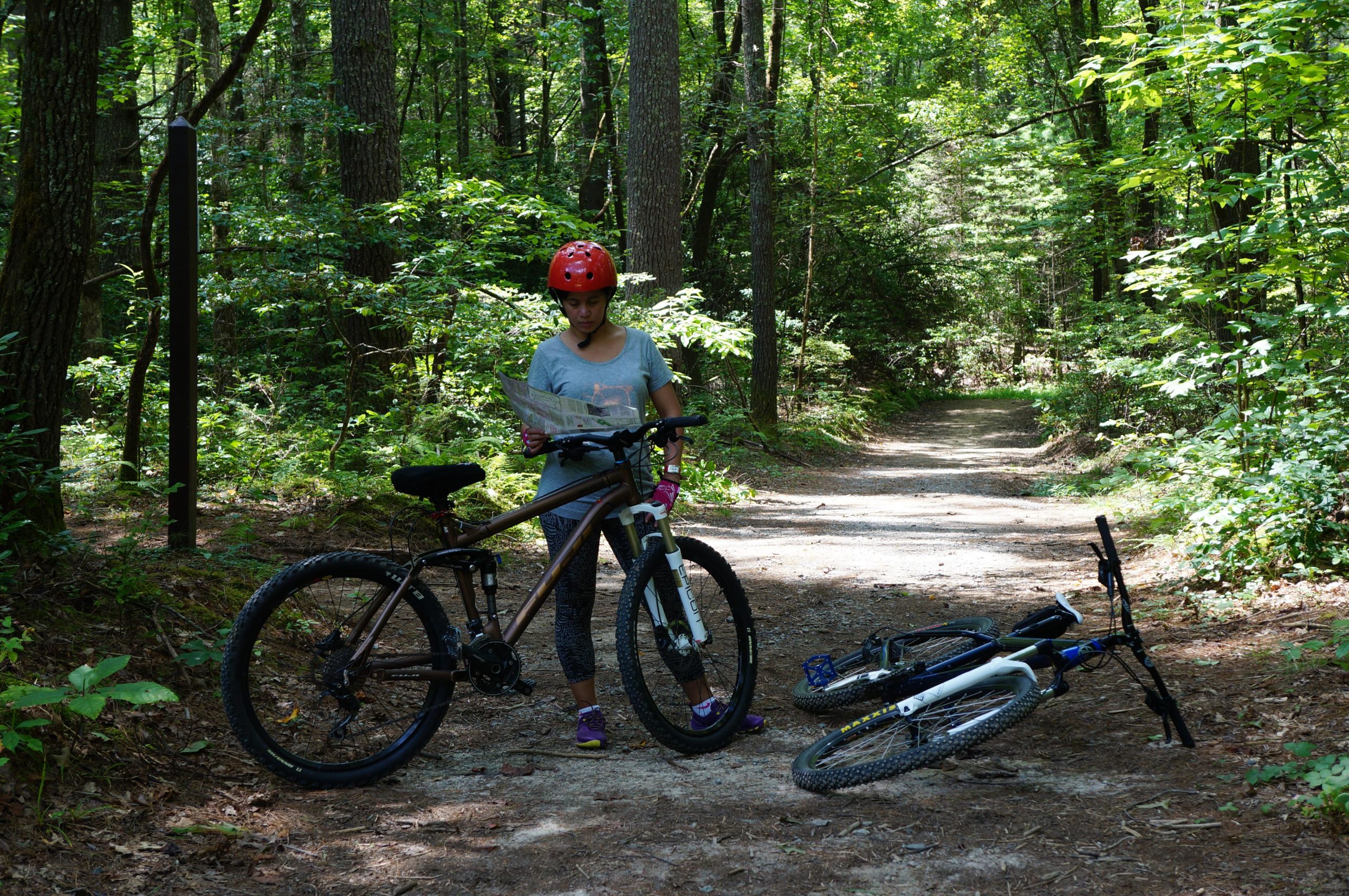 A cyclist wearing a helmet and gloves stands on a dirt trail in a wooded area, looking at a map. Two bicycles are parked nearby, one leaning against the ground. Sunlight filters through the trees, creating a lush, green backdrop. DuPont State Recreational Forest mountain bike trail.