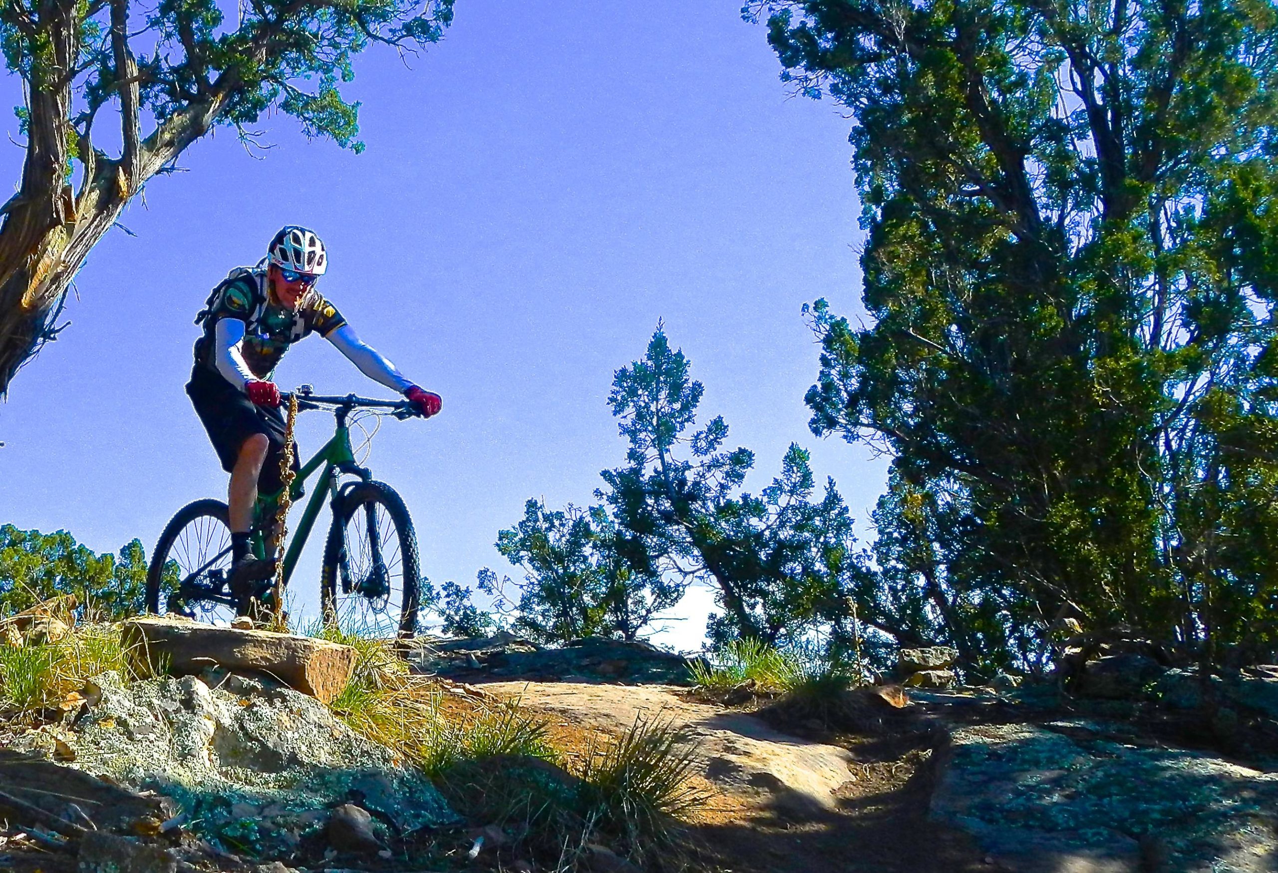 A mountain biker navigating rocky terrain on a trail, surrounded by trees and a clear blue sky. The cyclist is wearing a helmet and protective gear, focusing on maintaining balance while riding over varying terrain. Oil Well Flats mountain bike trail.