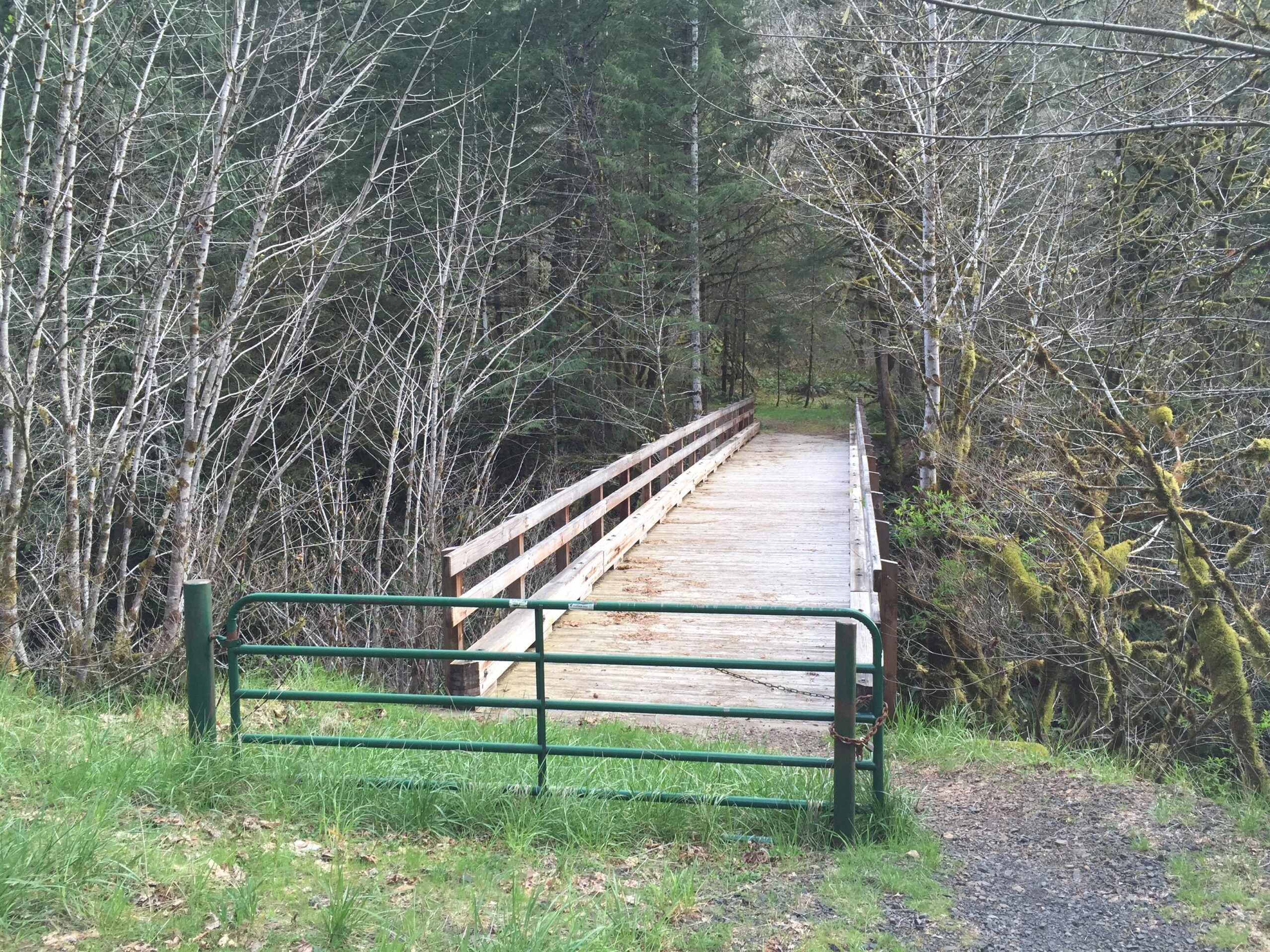A wooden bridge crossing over a small ravine, surrounded by trees and shrubs. A green metal gate is closed in the foreground, leading to a pathway that extends towards the bridge. The scene is set in a serene outdoor environment with lush greenery and bare trees in the background. Mountain House mountain bike trail.