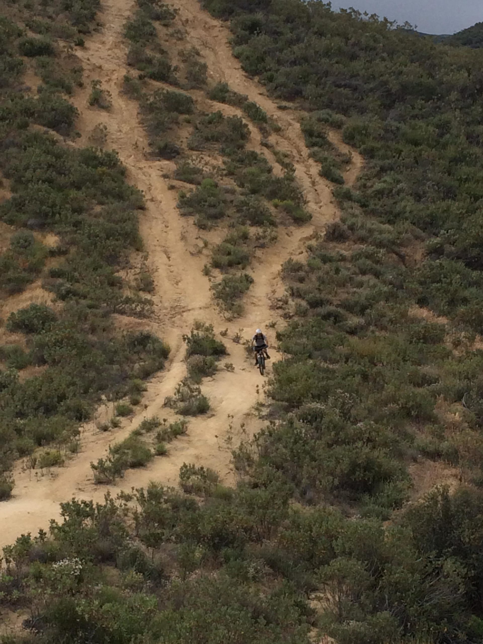 A cyclist riding along a dirt trail through a hilly landscape, surrounded by green vegetation and sparse shrubs. The path winds upward, showing signs of wear from previous bike traffic. The sky is partly cloudy. Viper mountain bike trail.