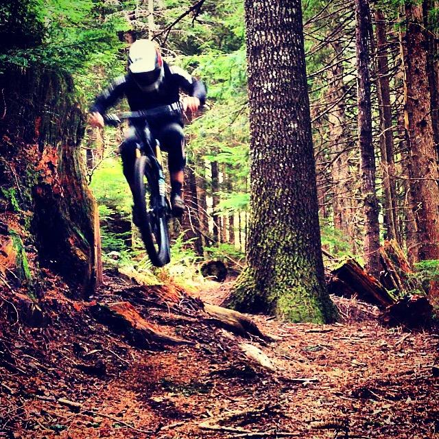 A mountain biker performing a jump on a dirt trail in a forest, surrounded by trees and natural foliage. The rider is wearing a helmet and riding gear, captured in mid-air above the trail. Cold Creek mountain bike trail.
