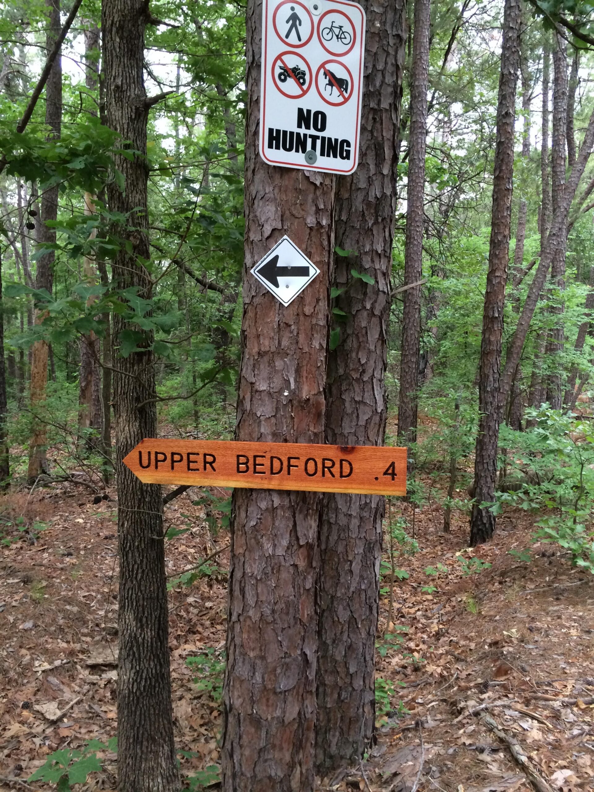 A wooden directional sign indicating "UPPER BEDFORD .4" mounted on a tree, alongside a sign with various regulatory symbols, including a "NO HUNTING" warning, in a dense, green forested area. Barber Hills Trail at Pat Mayse Lake mountain bike trail.