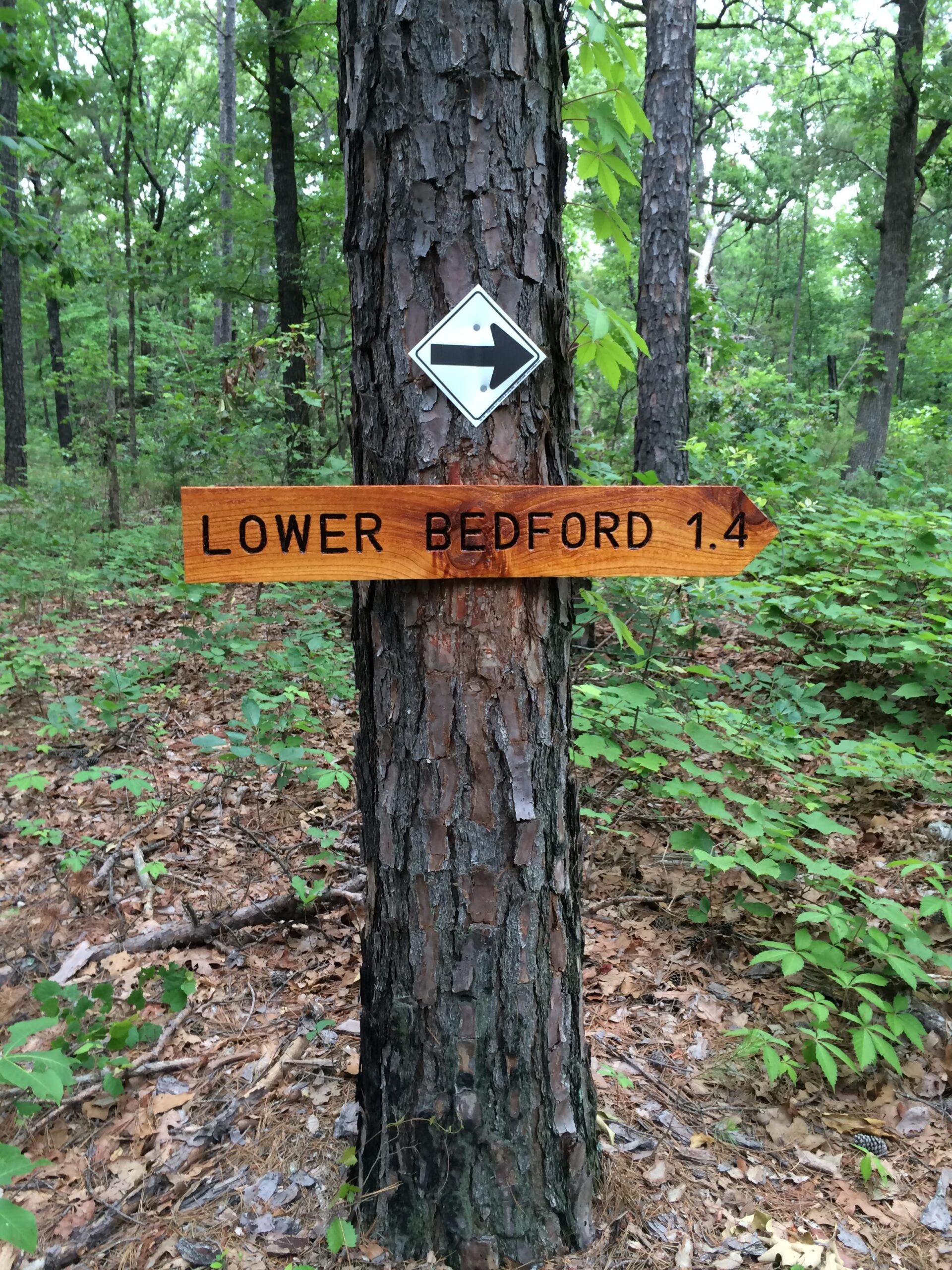 Wooden directional sign indicating "Lower Bedford 1.4" with an arrow, attached to a tree in a forested area. A black and white diamond-shaped sign with a left-facing arrow is positioned above it, surrounded by green foliage and forest ground cover. Barber Hills Trail at Pat Mayse Lake mountain bike trail.